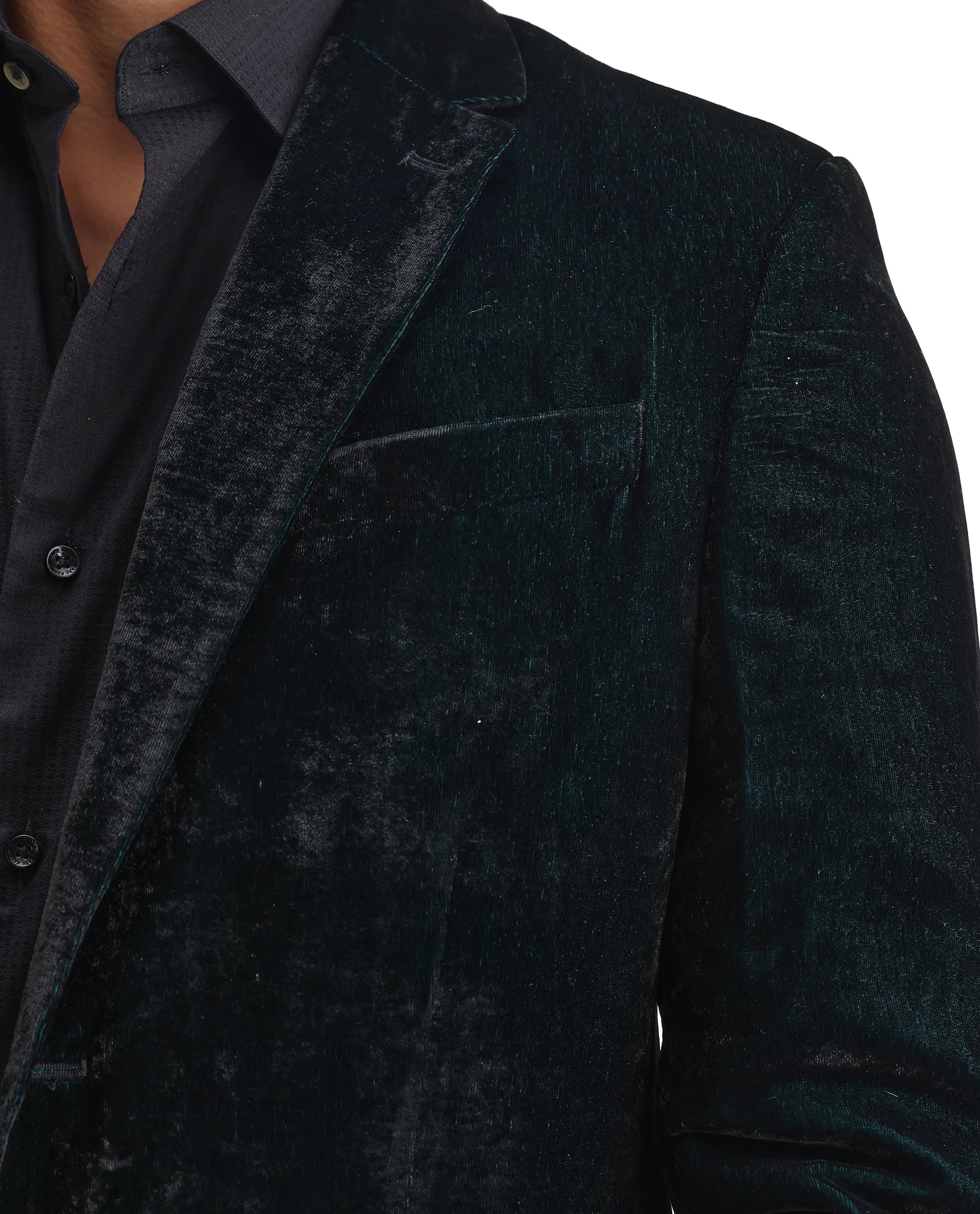 Rare Rabbit Men's Velter Dark Teal Velvet Plain Tailored Fit Full Sleeve Lapel Neck Blazer