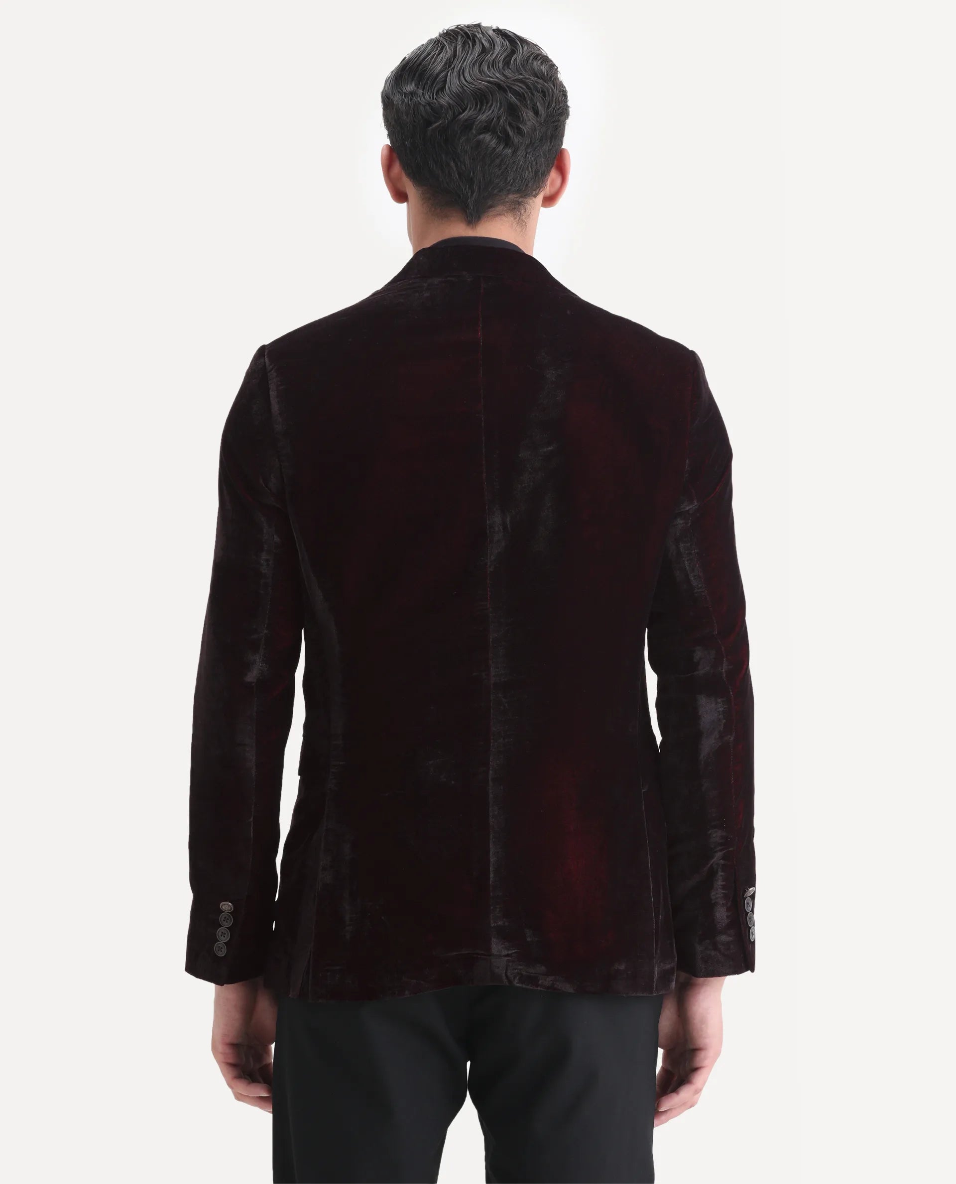 Rare Rabbit Men's Velter Dark Maroon Velvet Plain Tailored Fit Full Sleeve Lapel Neck Blazer