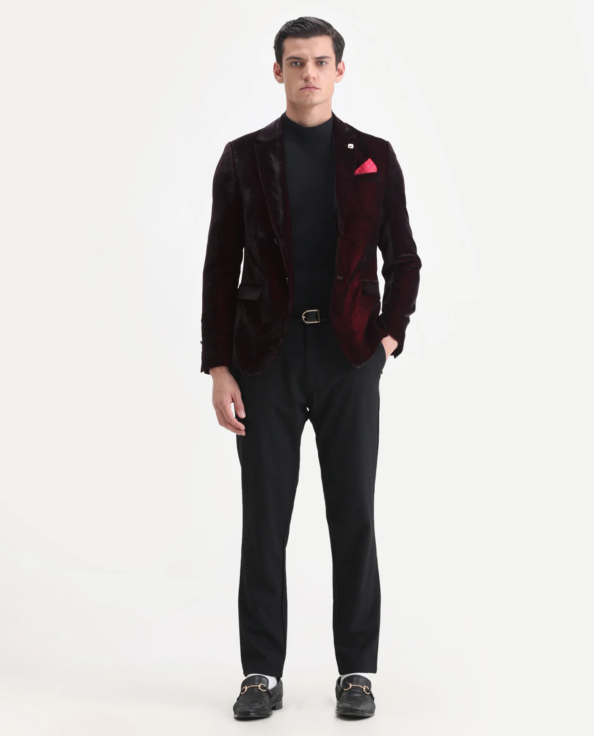 Rare Rabbit Men's Velter Dark Maroon Velvet Plain Tailored Fit Full Sleeve Lapel Neck Blazer