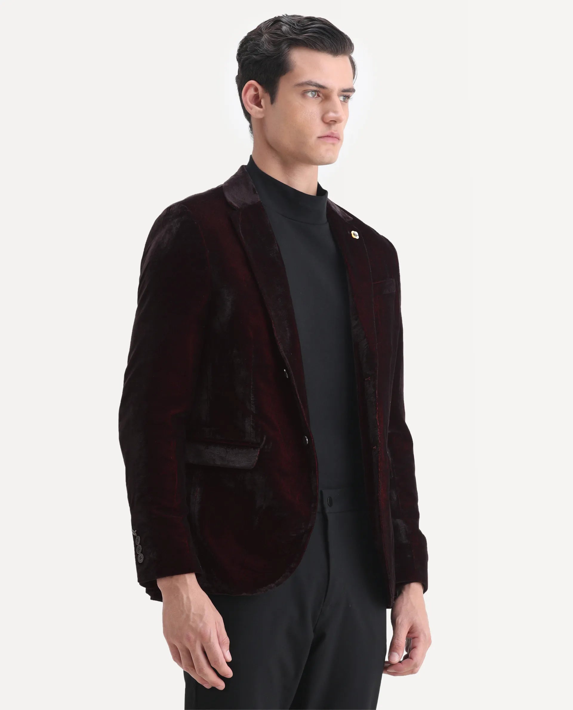 Rare Rabbit Men's Velter Dark Maroon Velvet Plain Tailored Fit Full Sleeve Lapel Neck Blazer