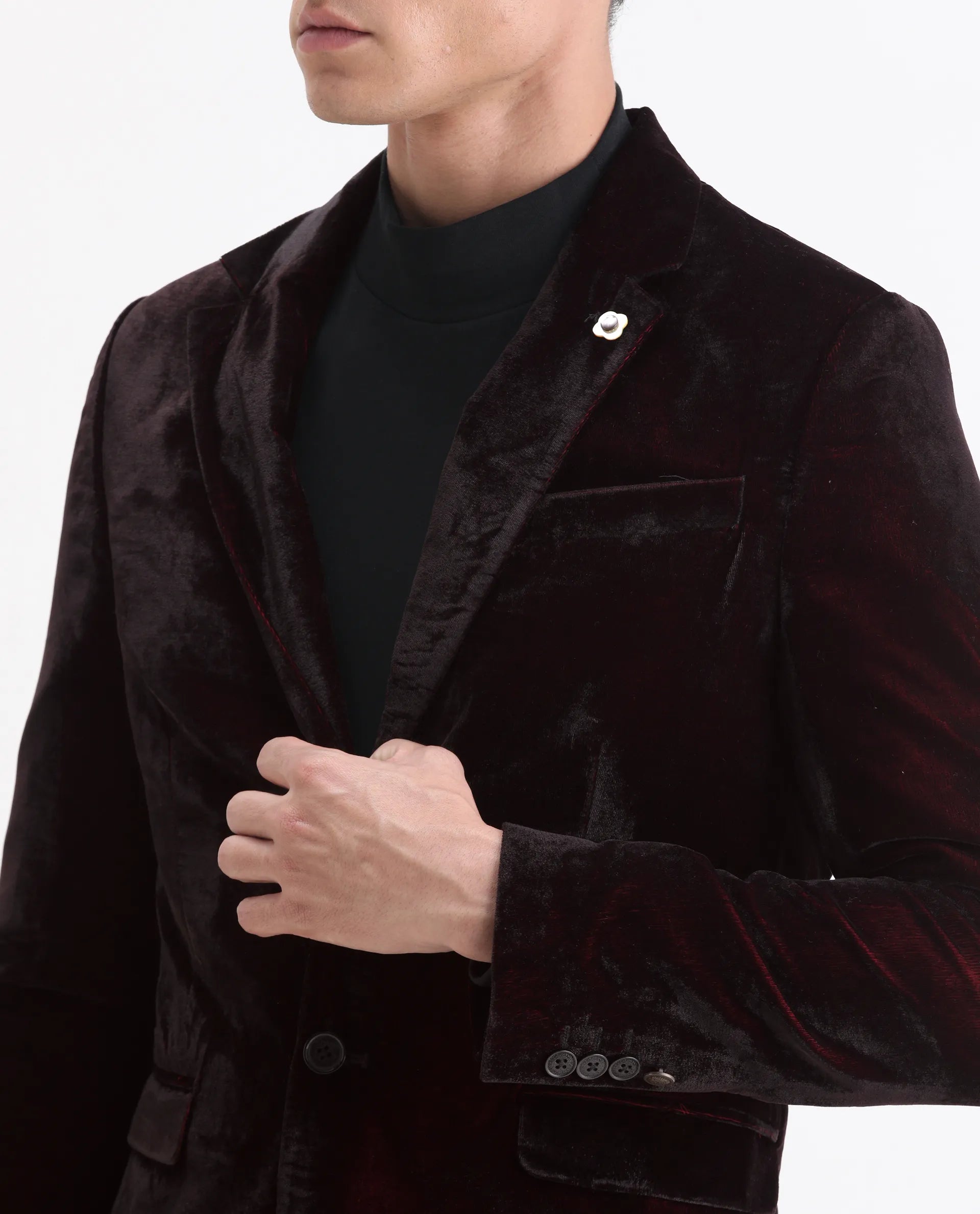 Rare Rabbit Men's Velter Dark Maroon Velvet Plain Tailored Fit Full Sleeve Lapel Neck Blazer