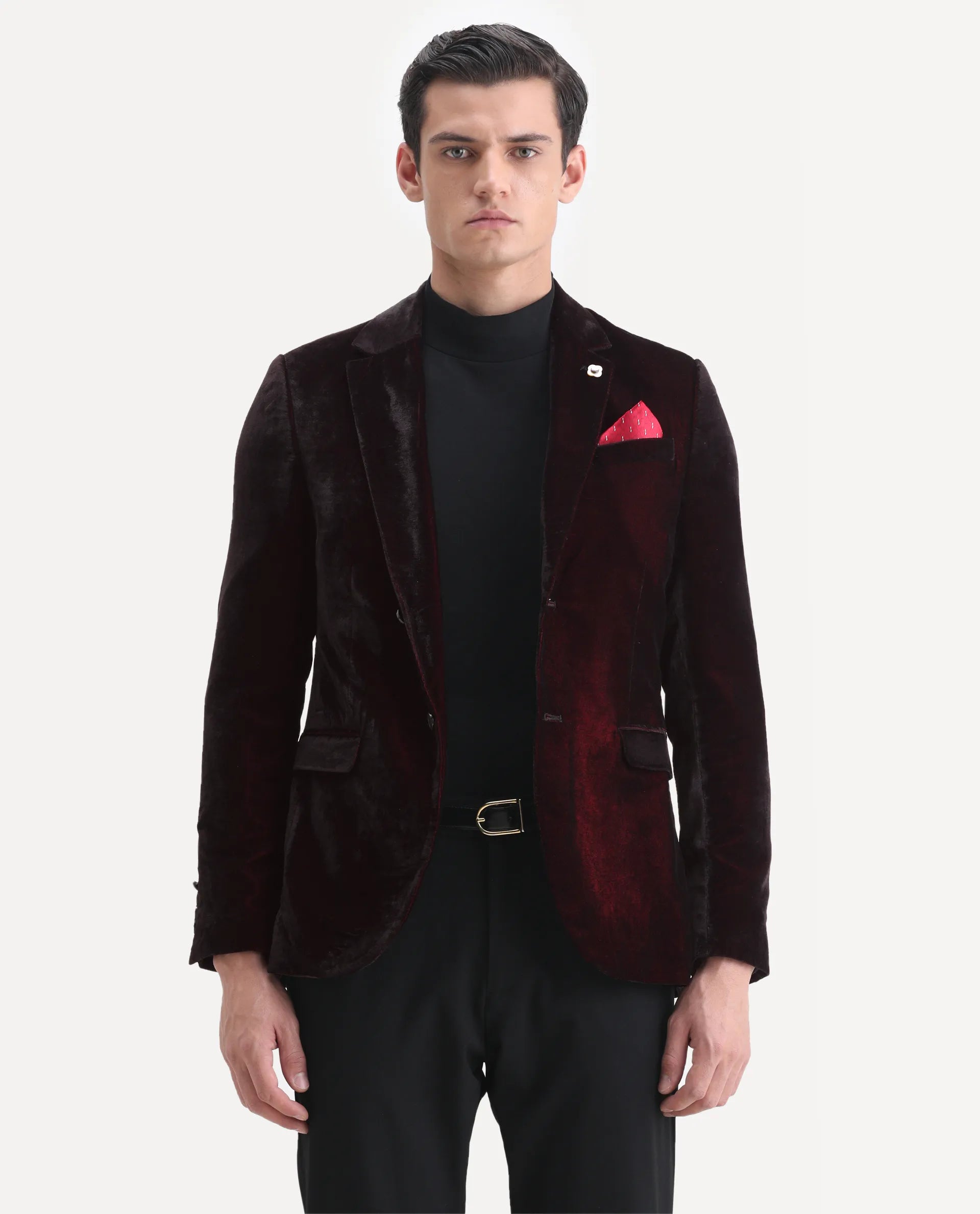 Rare Rabbit Men's Velter Dark Maroon Velvet Plain Tailored Fit Full Sleeve Lapel Neck Blazer
