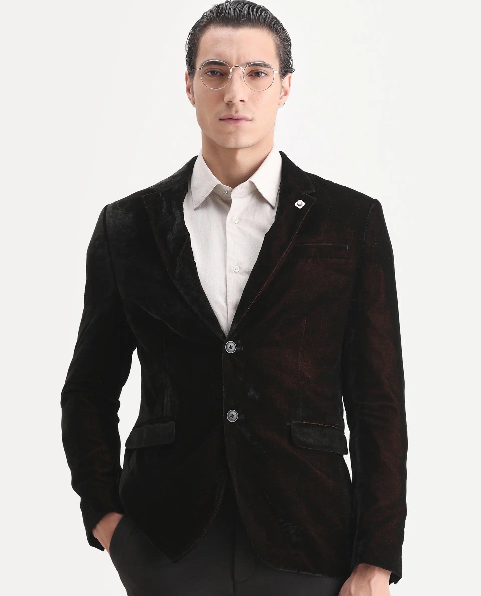 Rare Rabbit Men's Velter Dark Mustard Velvet Plain Tailored Fit Full Sleeve Lapel Neck Blazer