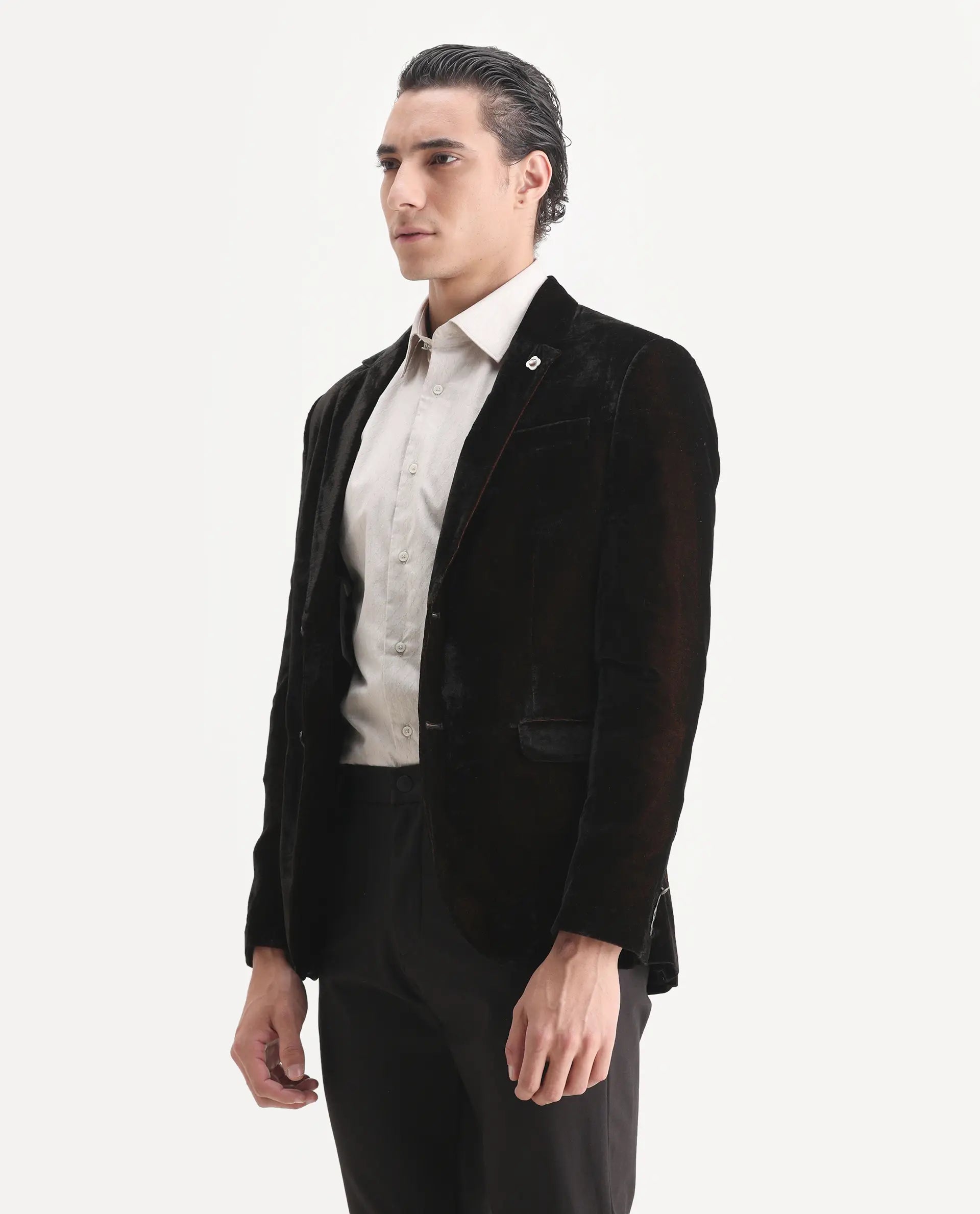 Rare Rabbit Men's Velter Dark Mustard Velvet Plain Tailored Fit Full Sleeve Lapel Neck Blazer