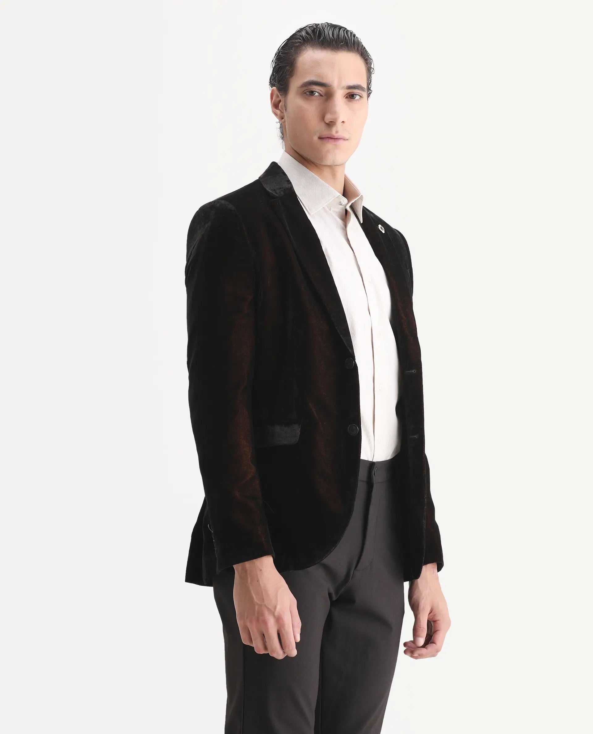 Rare Rabbit Men's Velter Dark Mustard Velvet Plain Tailored Fit Full Sleeve Lapel Neck Blazer