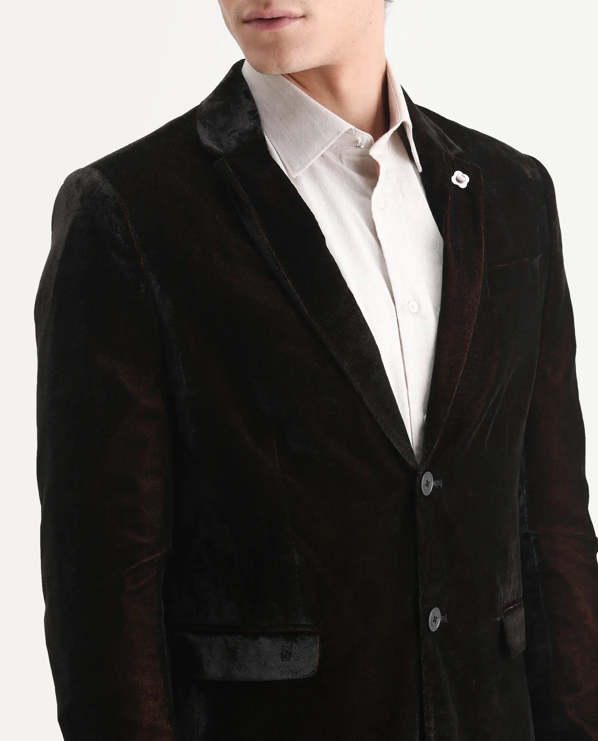 Rare Rabbit Men's Velter Dark Mustard Velvet Plain Tailored Fit Full Sleeve Lapel Neck Blazer