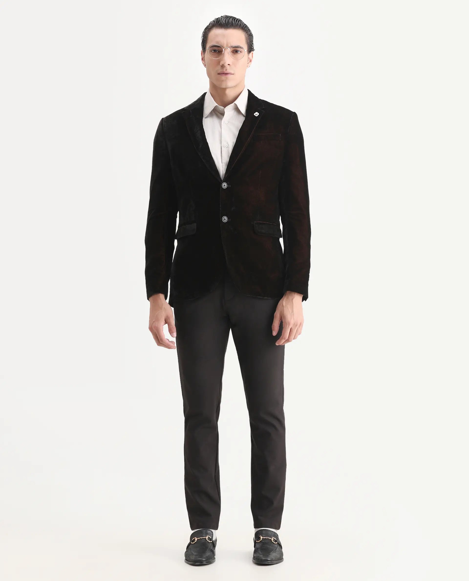 Rare Rabbit Men's Velter Dark Mustard Velvet Plain Tailored Fit Full Sleeve Lapel Neck Blazer