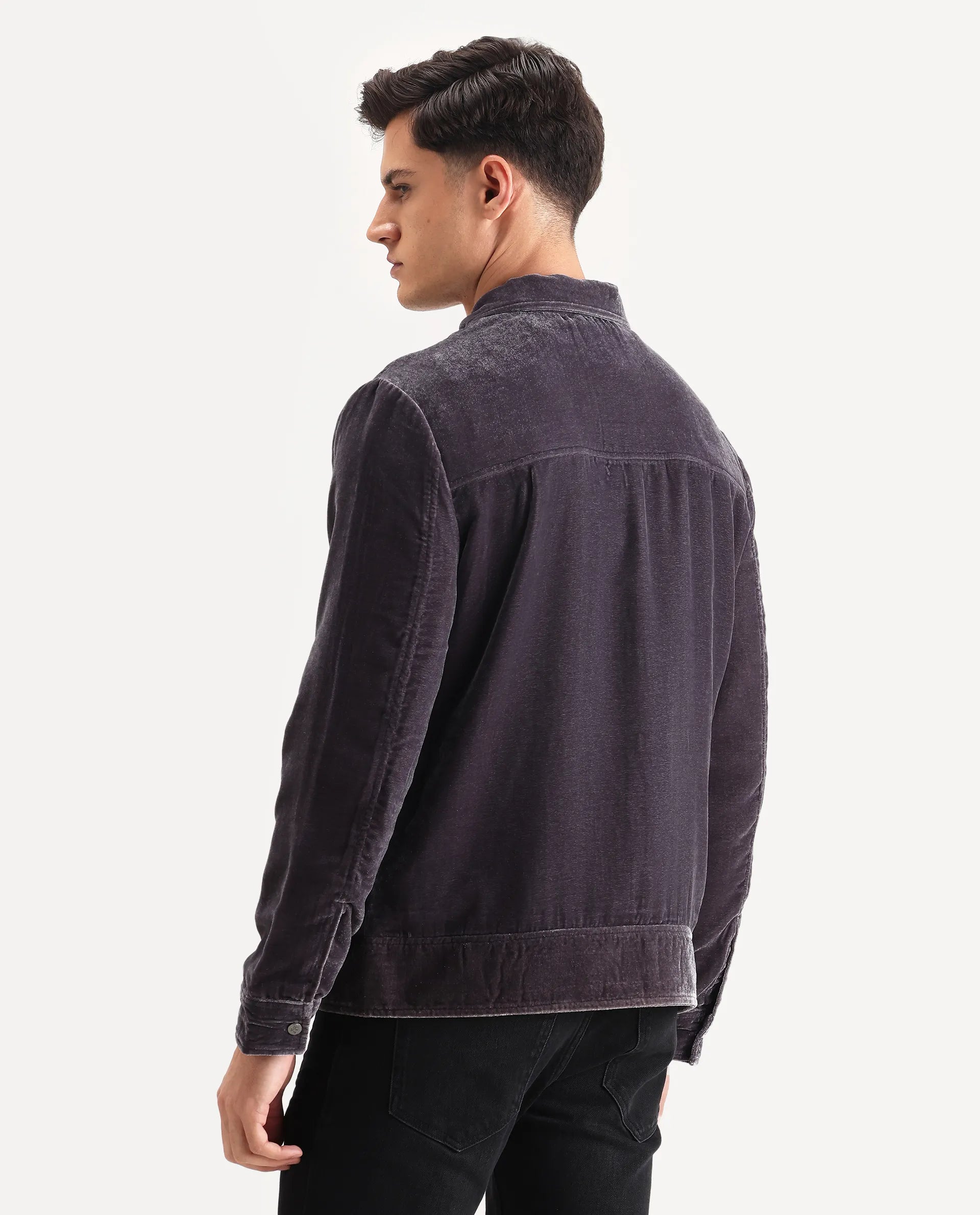 Rare Rabbit Men's Velto Grey Polyester Fabric Collared Neck Regular Fit Plain Jacket
