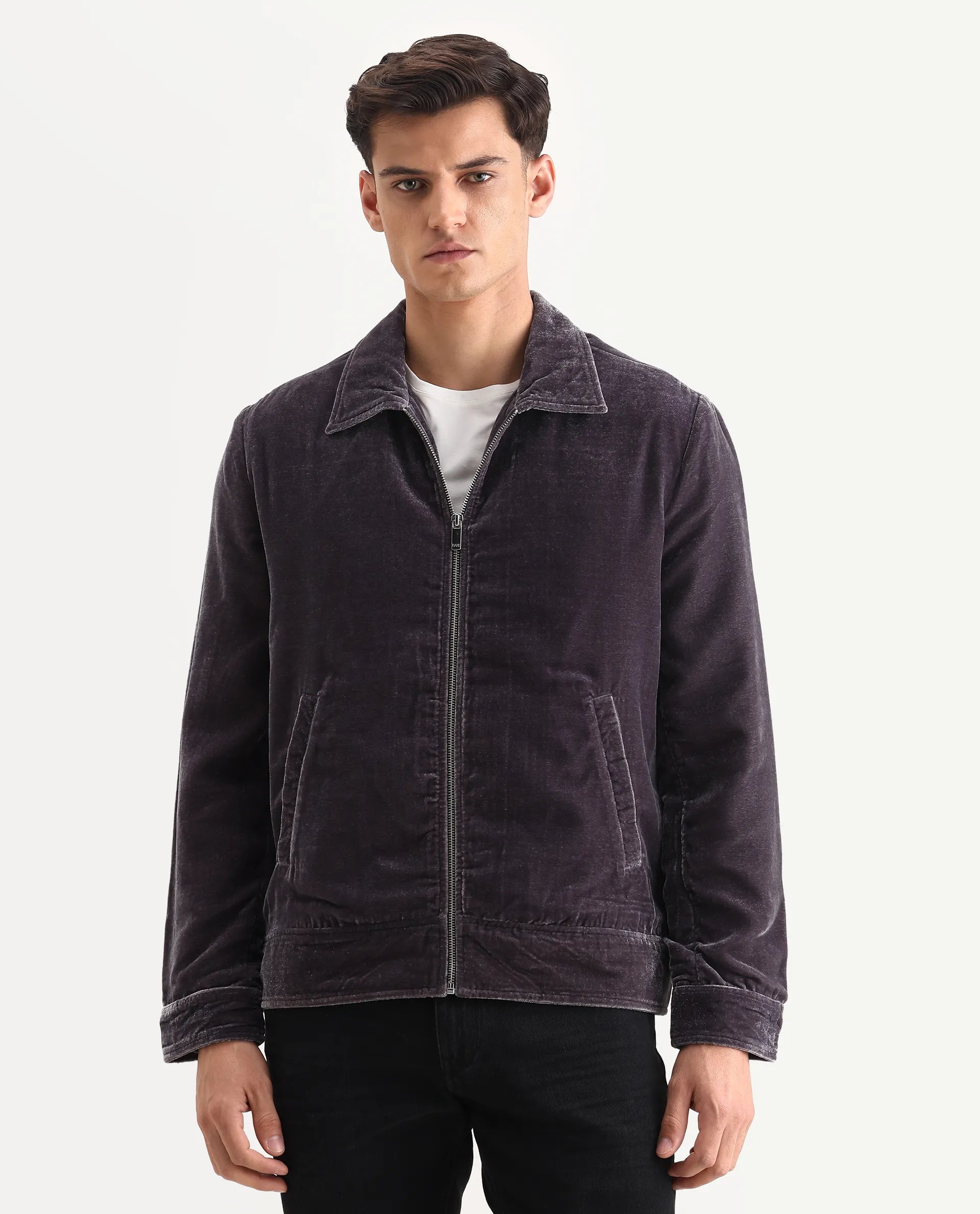 Rare Rabbit Men's Velto Grey Polyester Fabric Collared Neck Regular Fit Plain Jacket