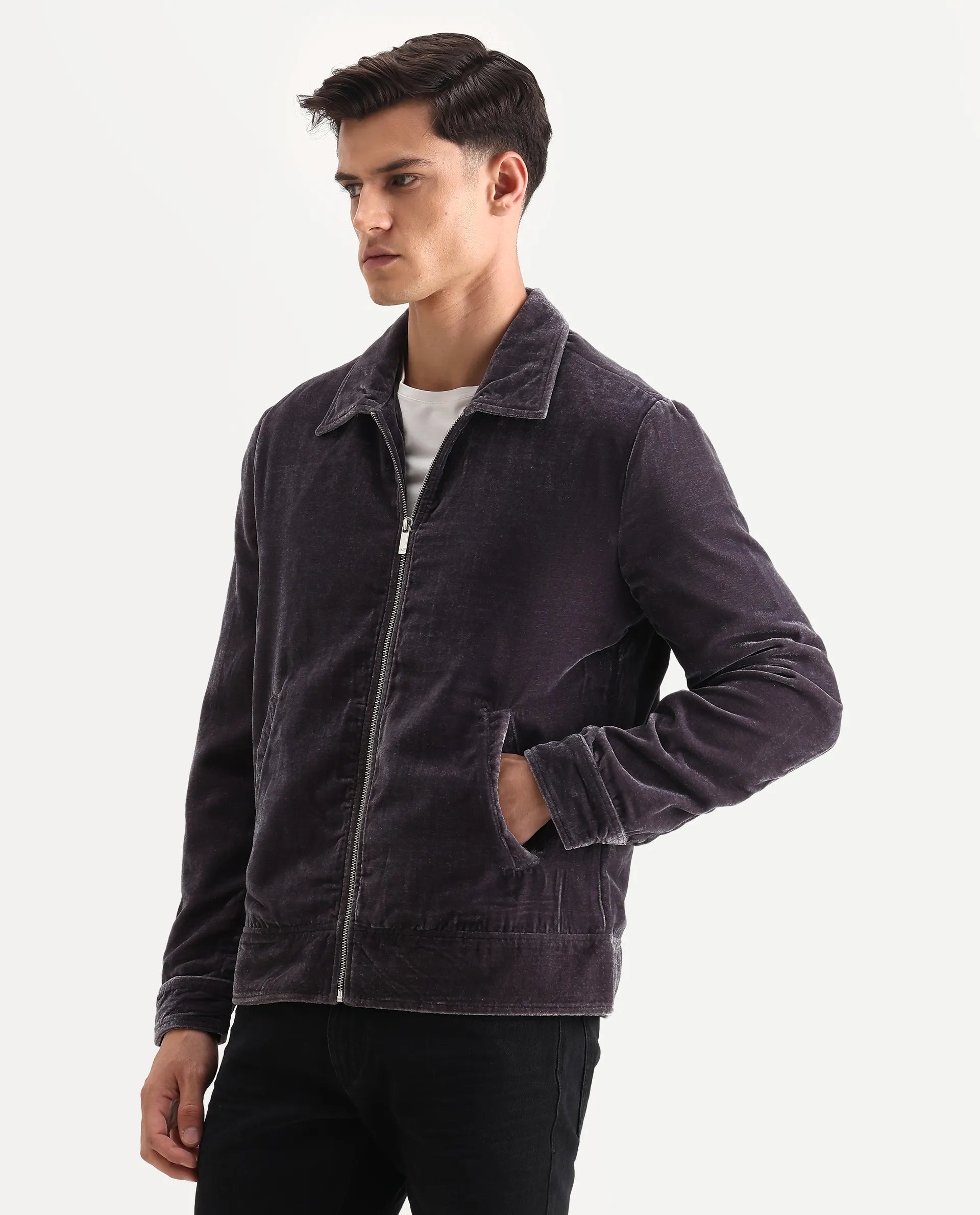 Rare Rabbit Men's Velto Grey Polyester Fabric Collared Neck Regular Fit Plain Jacket