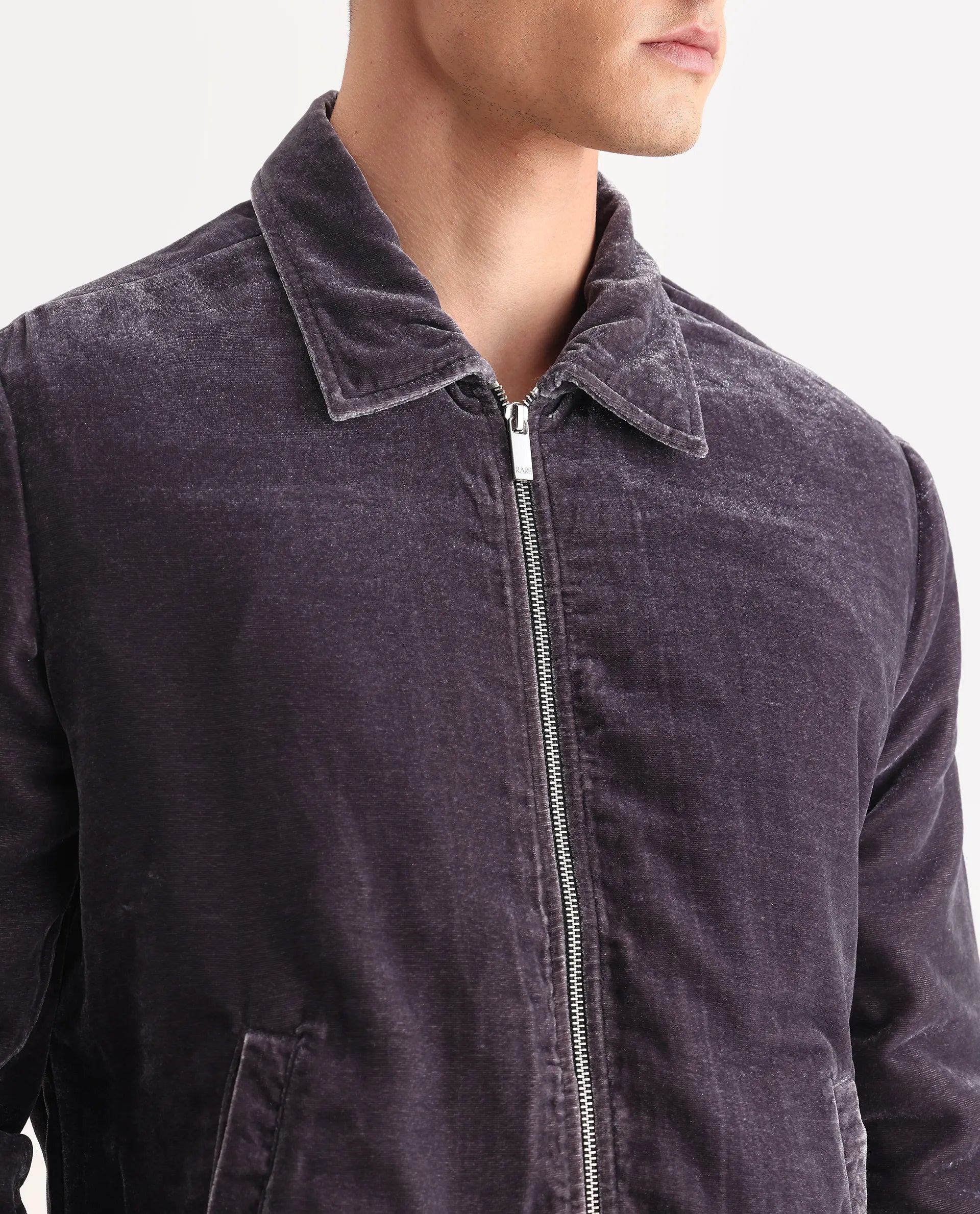 Rare Rabbit Men's Velto Grey Polyester Fabric Collared Neck Regular Fit Plain Jacket
