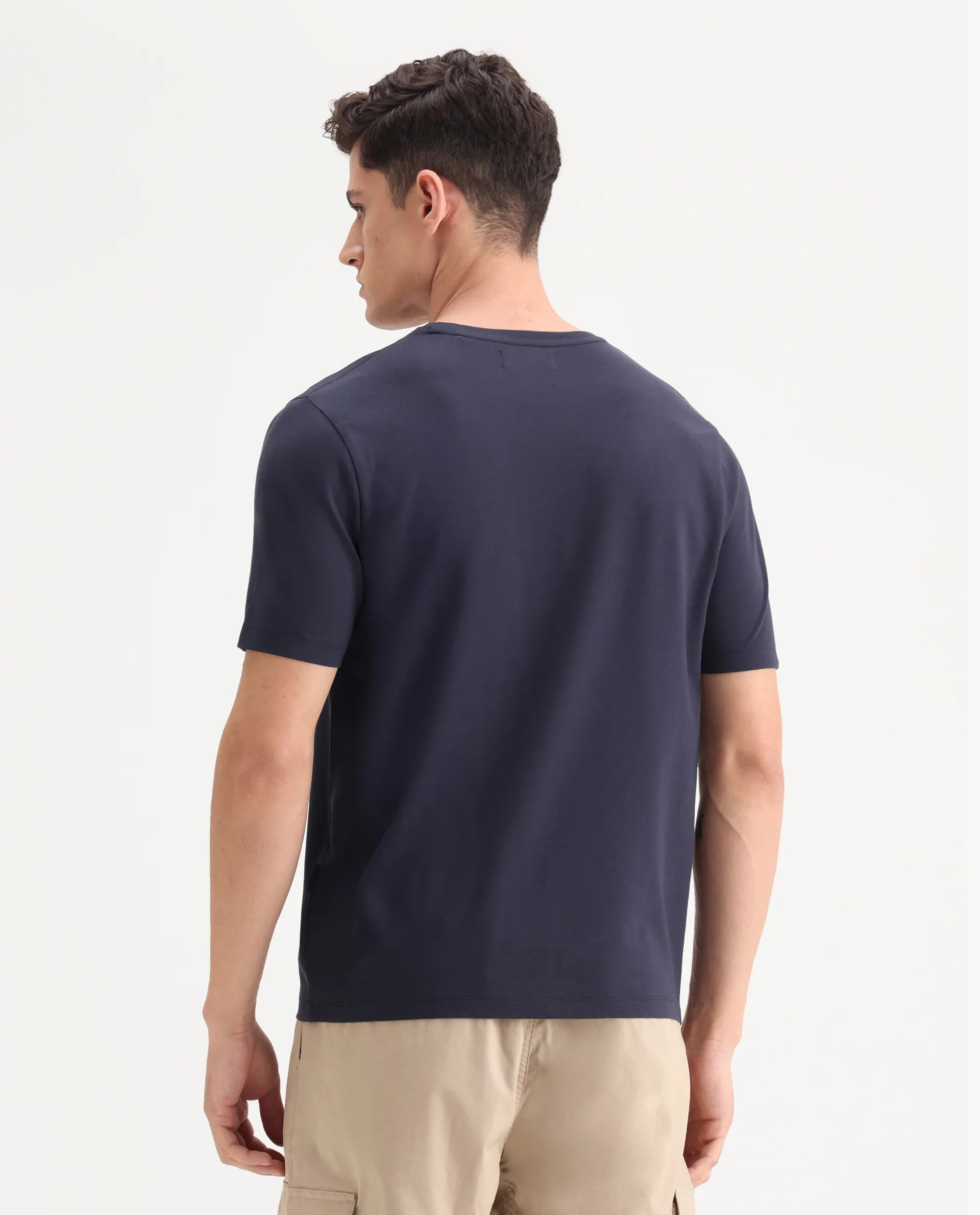 Rare Rabbit Men's Veltra Dark Navy Modal Blend Plain Regular Fit Half Sleeve Crew Neck T-Shirt