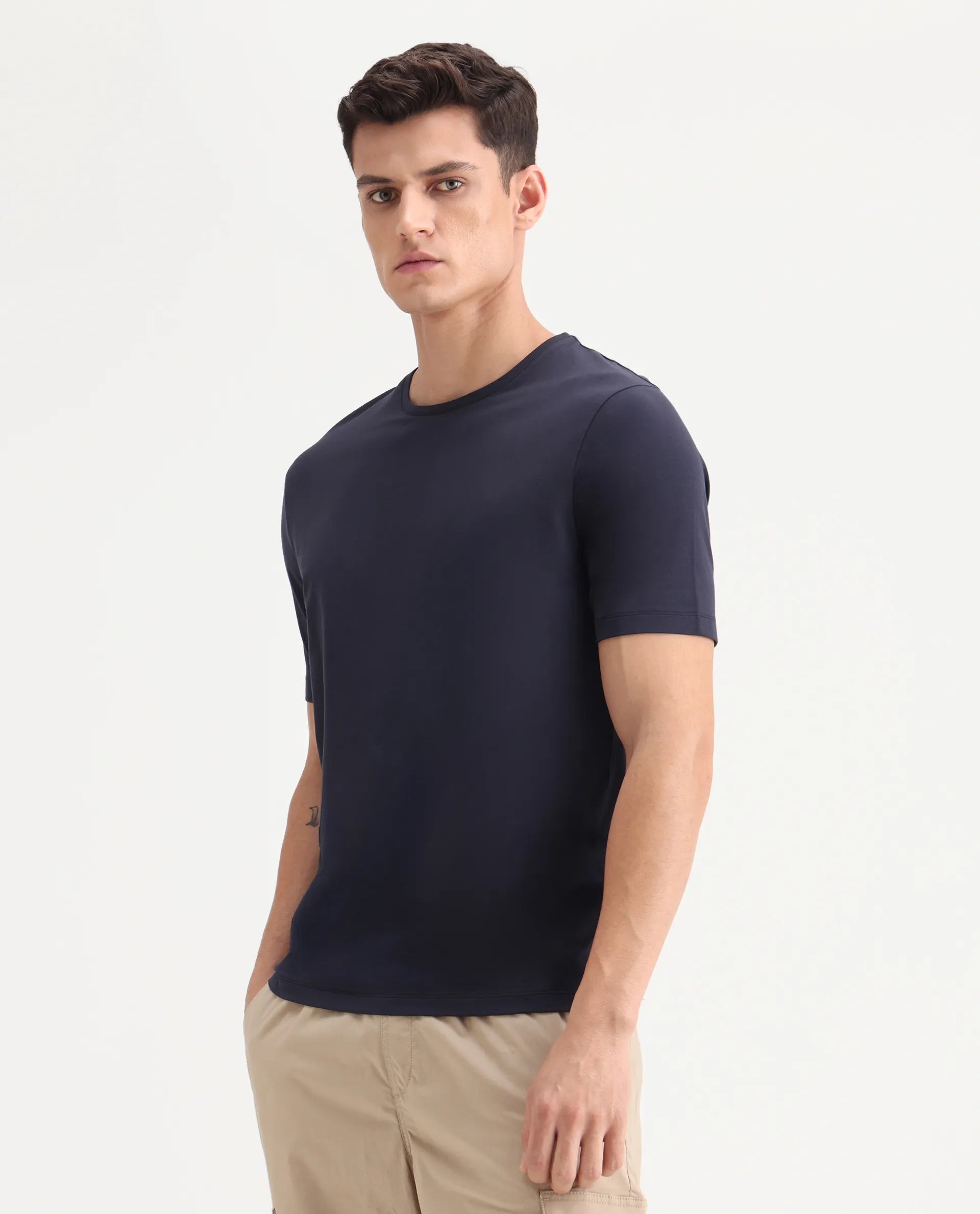 Rare Rabbit Men's Veltra Dark Navy Modal Blend Plain Regular Fit Half Sleeve Crew Neck T-Shirt