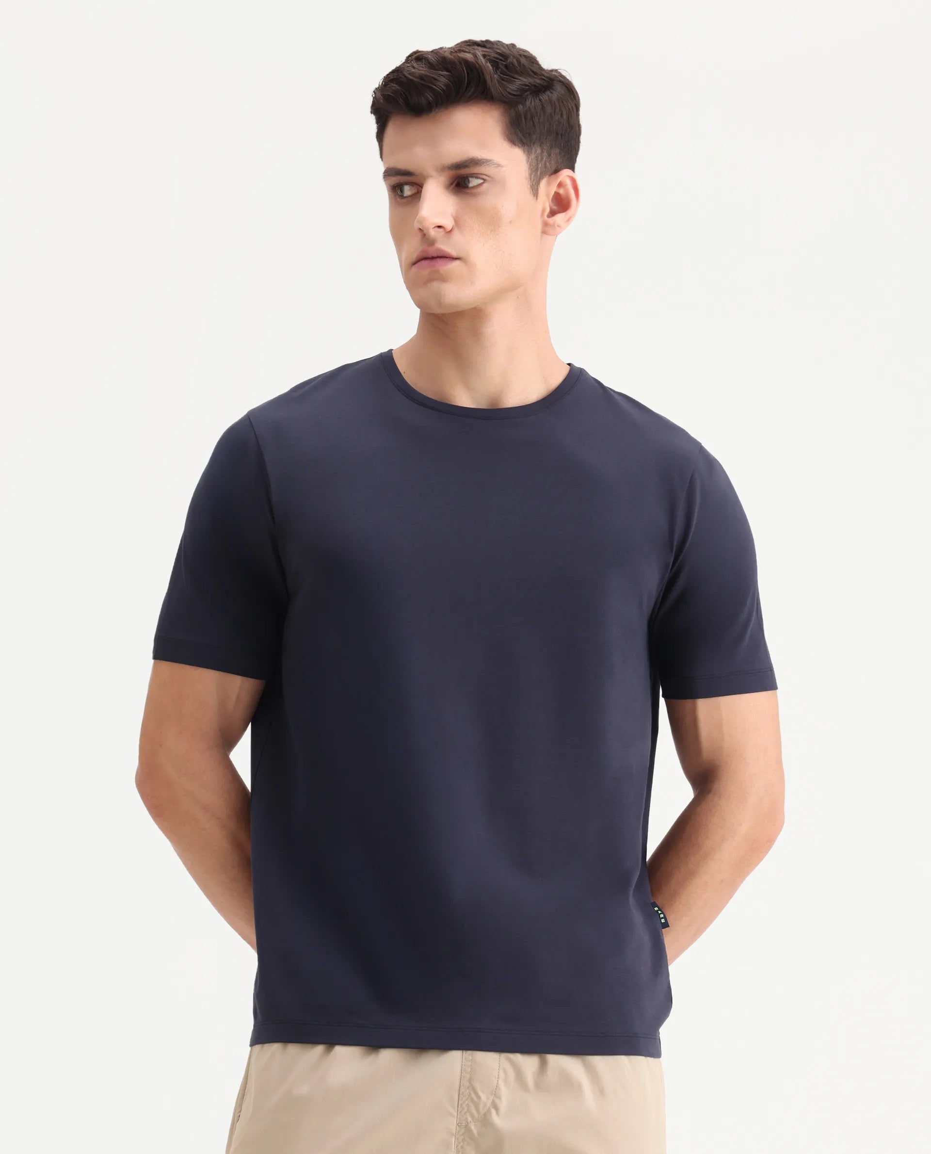 Rare Rabbit Men's Veltra Dark Navy Modal Blend Plain Regular Fit Half Sleeve Crew Neck T-Shirt