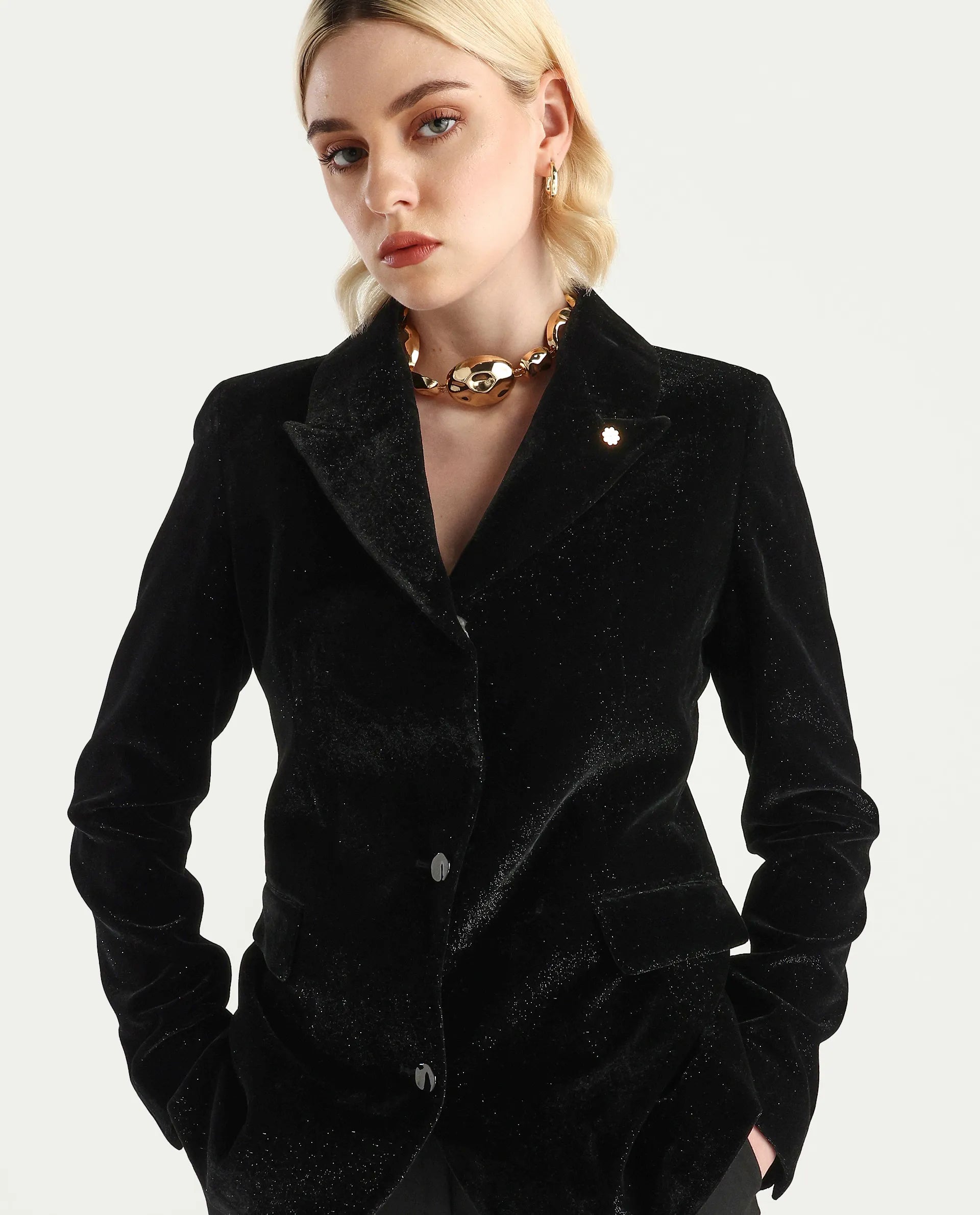 Rareism Women's Velux Black Polyester Lapel Neck Regular Fit Plain Bla