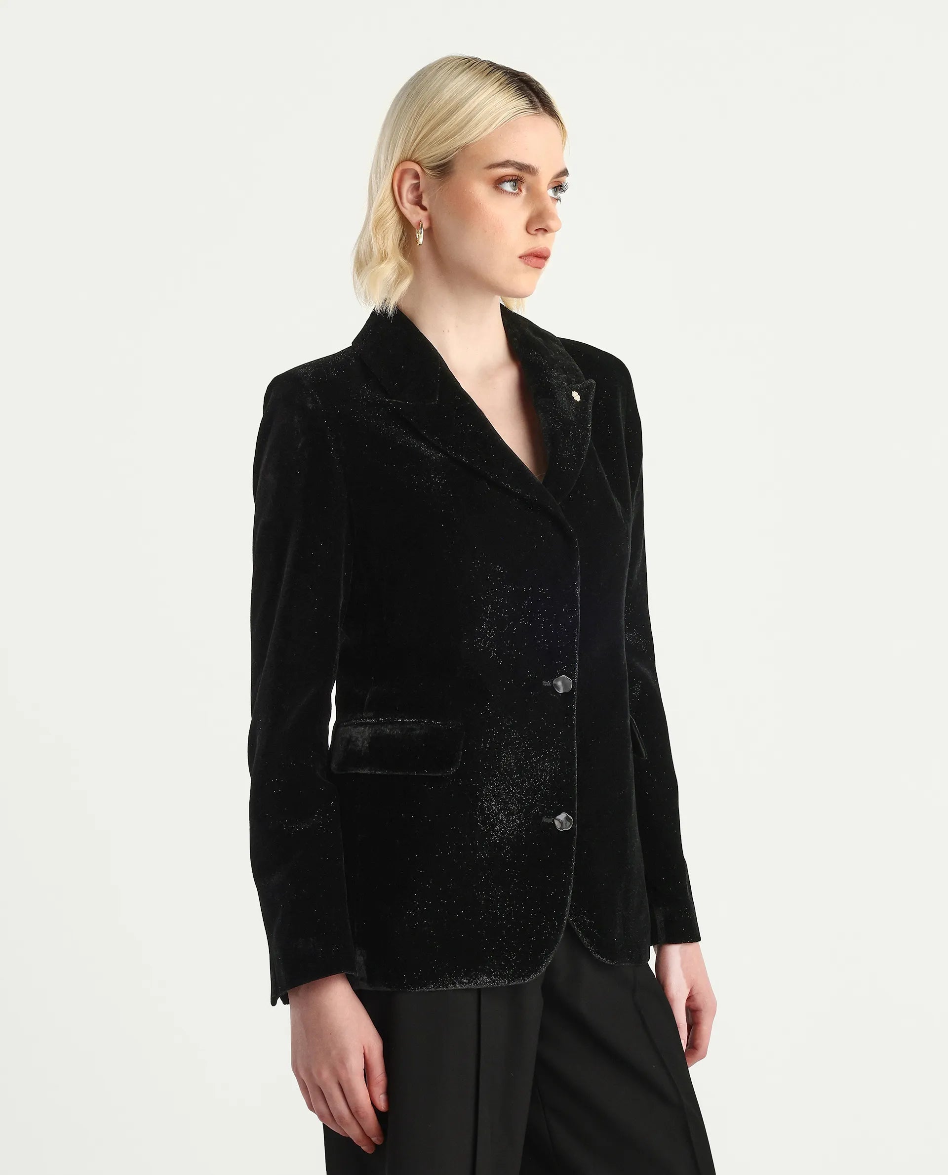 Rareism Women's Velux Black Polyester Lapel Neck Regular Fit Plain Blazer