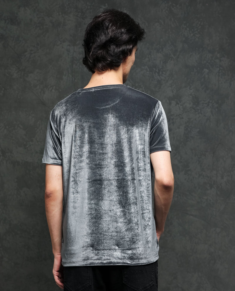 Rare Rabbit Men's Timo Grey Polyester Fabric Crew Neck Half Sleeves Velvet Texture Solid T-Shirt