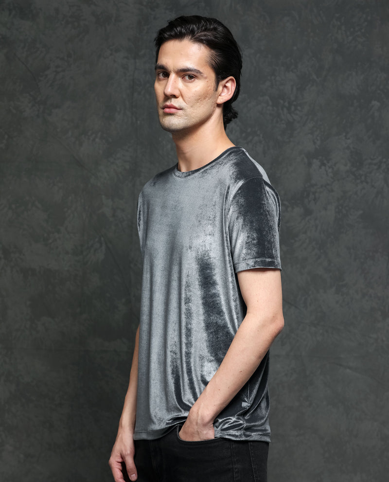 Rare Rabbit Men's Timo Grey Polyester Fabric Crew Neck Half Sleeves Velvet Texture Solid T-Shirt