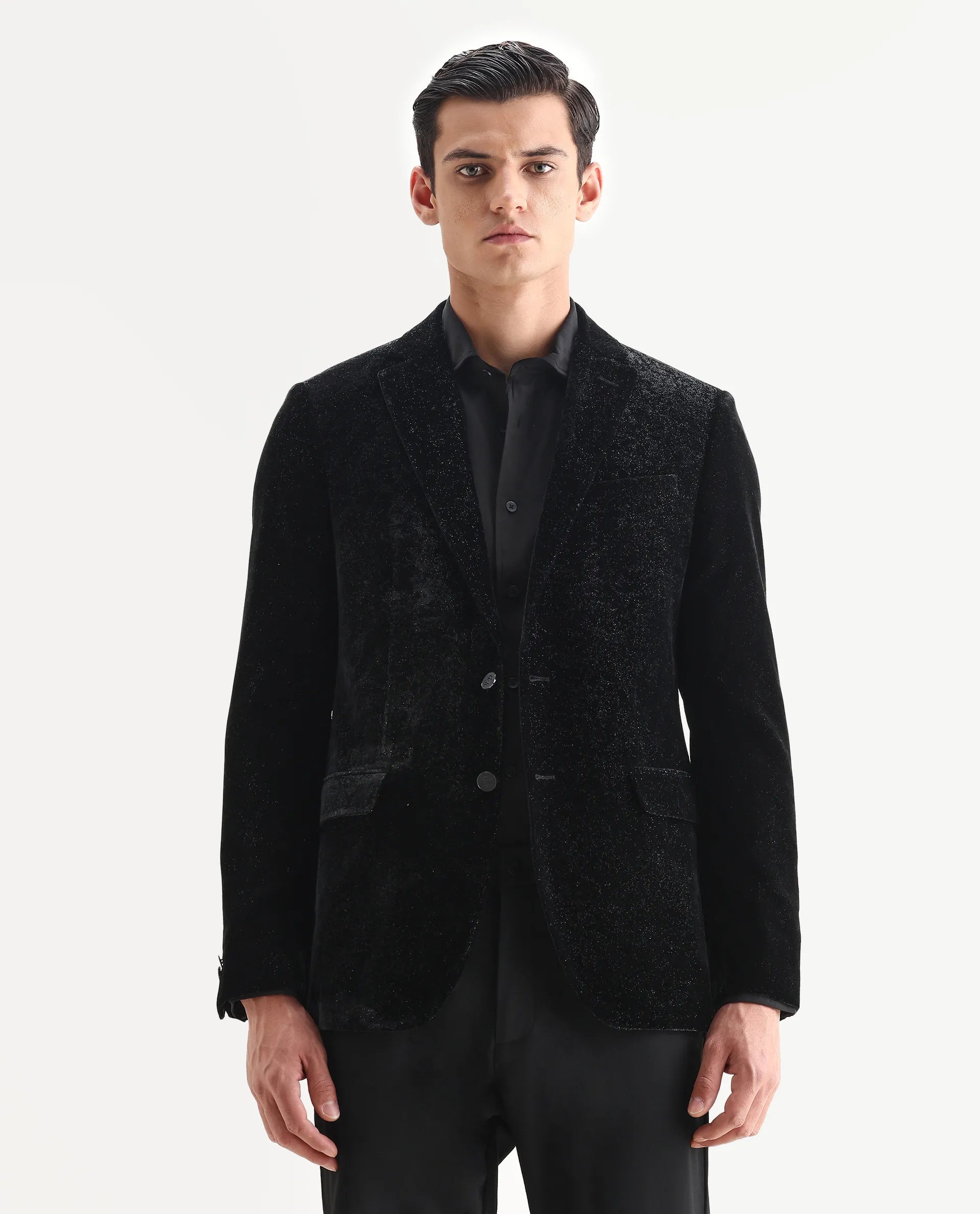 Rare Rabbit Men's Velvi Black Polyester Fabric Full Sleeve Lapel Neck Plain Blazer