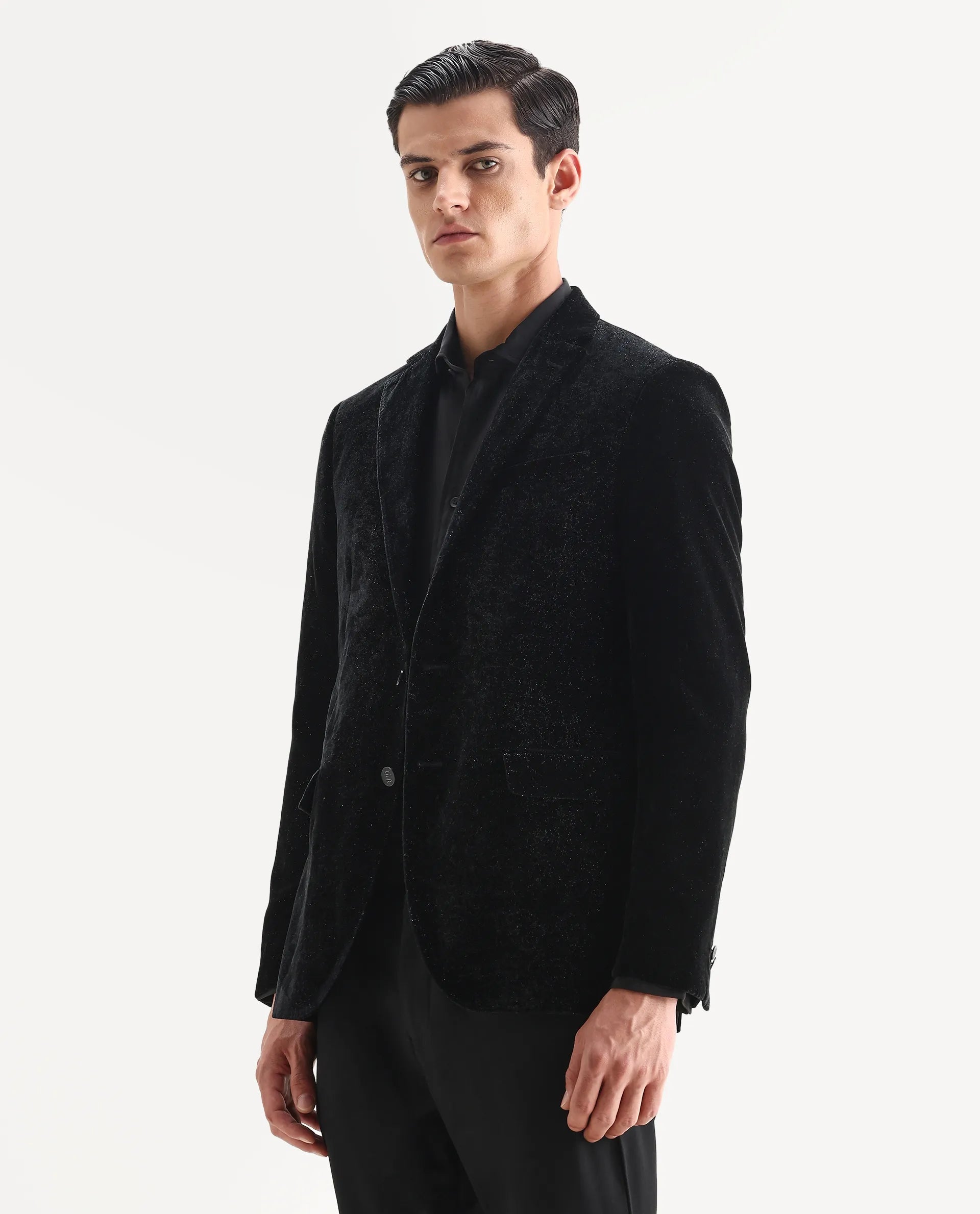 Rare Rabbit Men's Velvi Black Polyester Fabric Full Sleeve Lapel Neck Plain Blazer