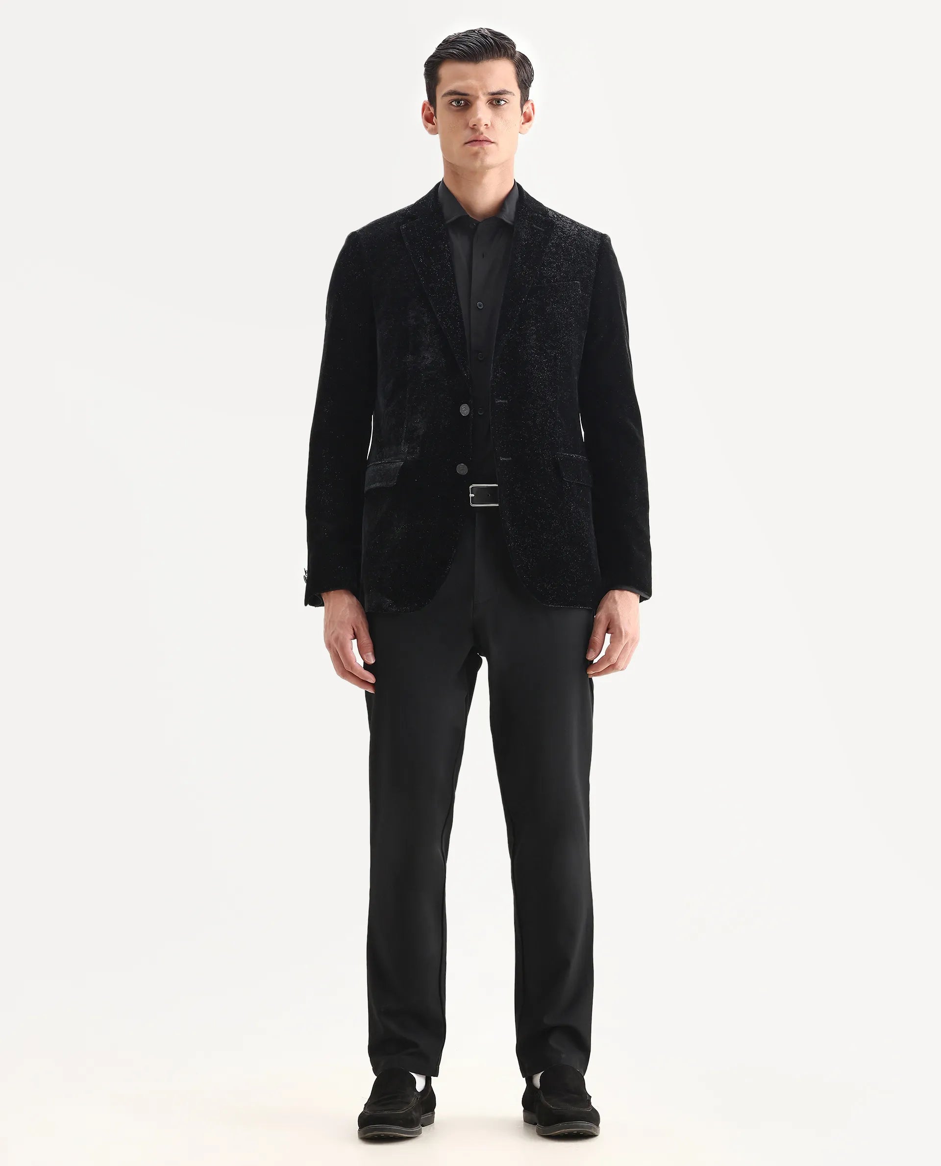 Rare Rabbit Men's Velvi Black Polyester Fabric Full Sleeve Lapel Neck Plain Blazer