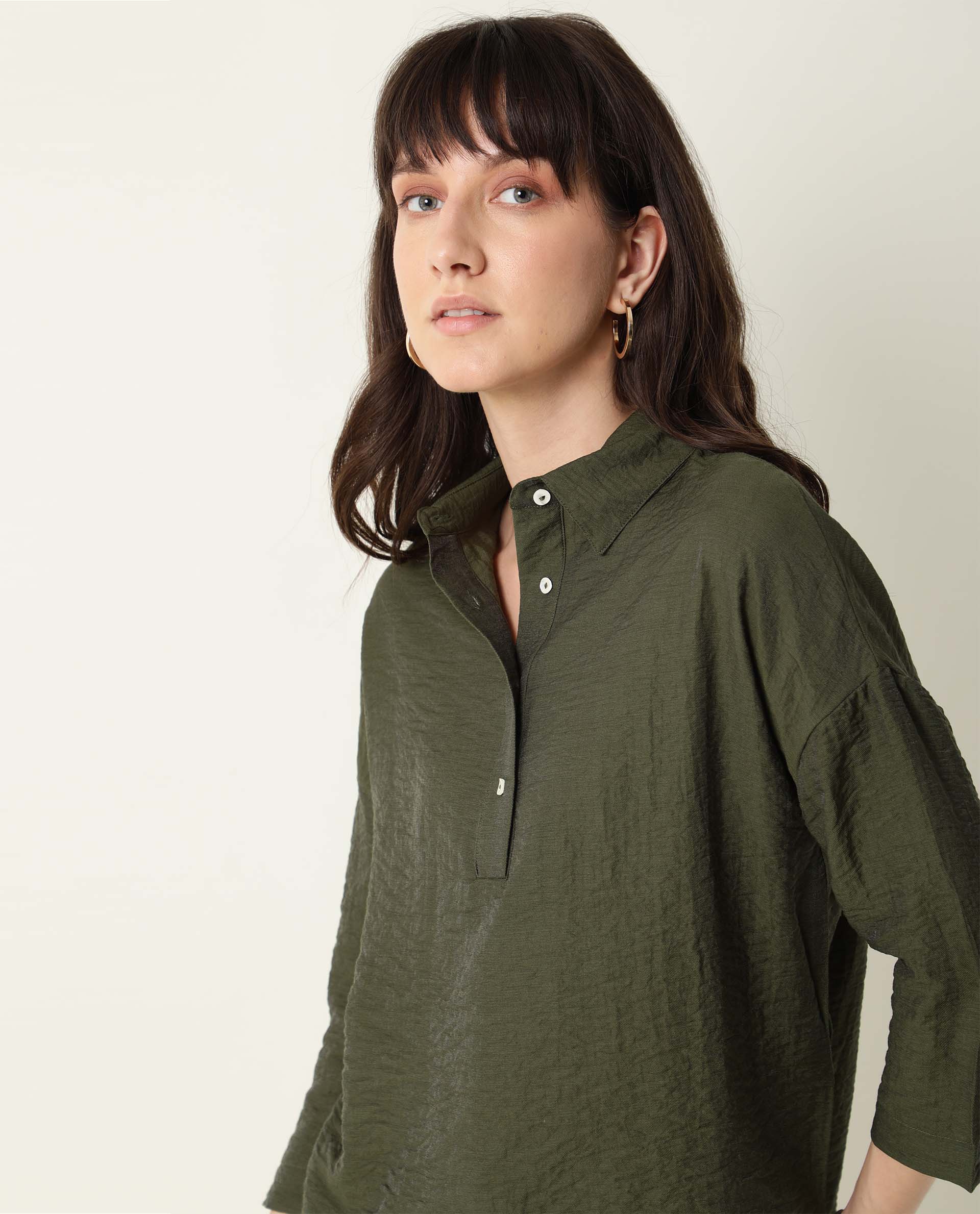 Rareism Women Velyn Dark Green Polyester Fabric Relaxed Fit Collared Neck Full Sleeves Textured Top