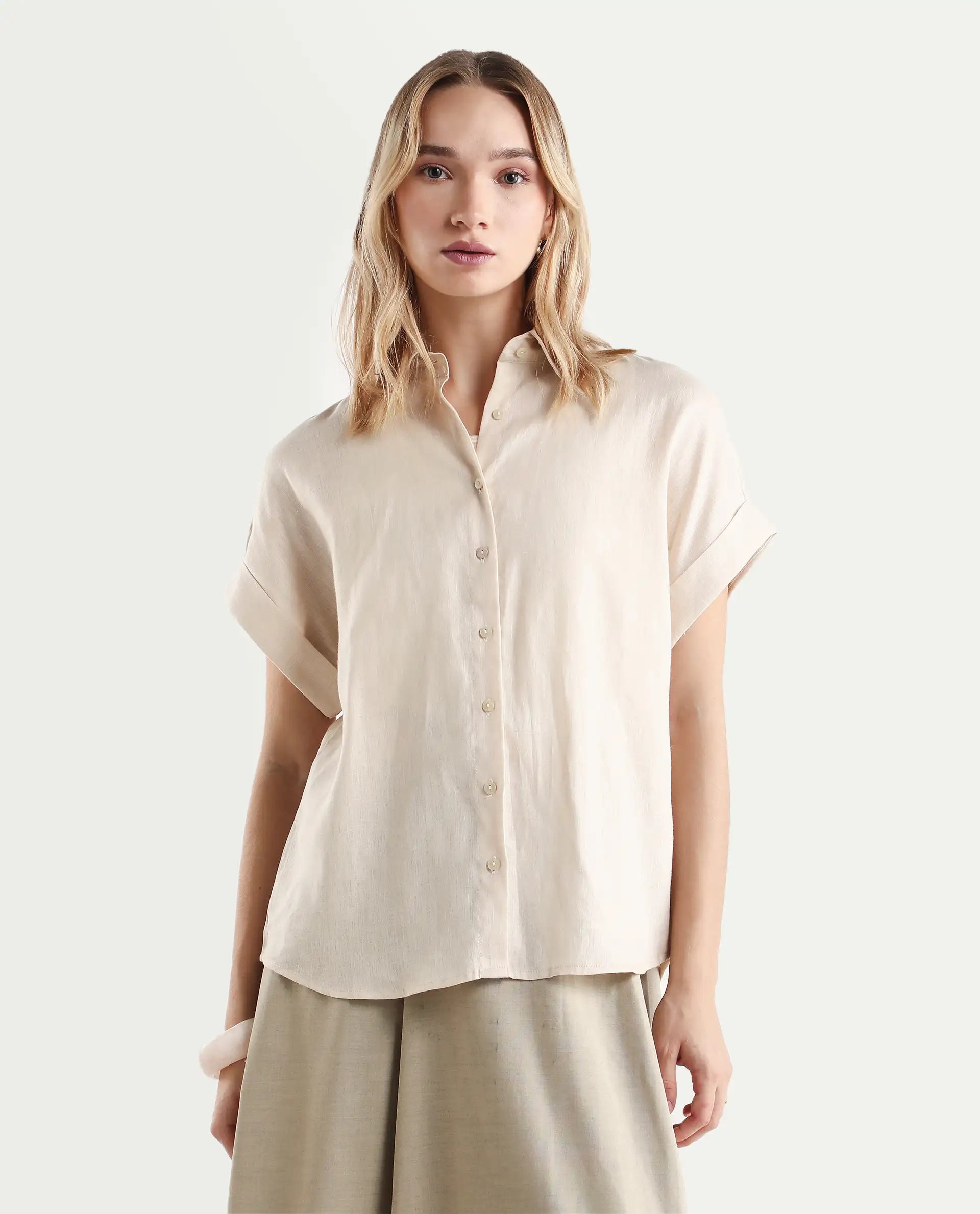 Rareism Women's Venezuela Beige Cotton Linen Drop Collar Plain Extended Sleeves Relaxed Fit Shirt