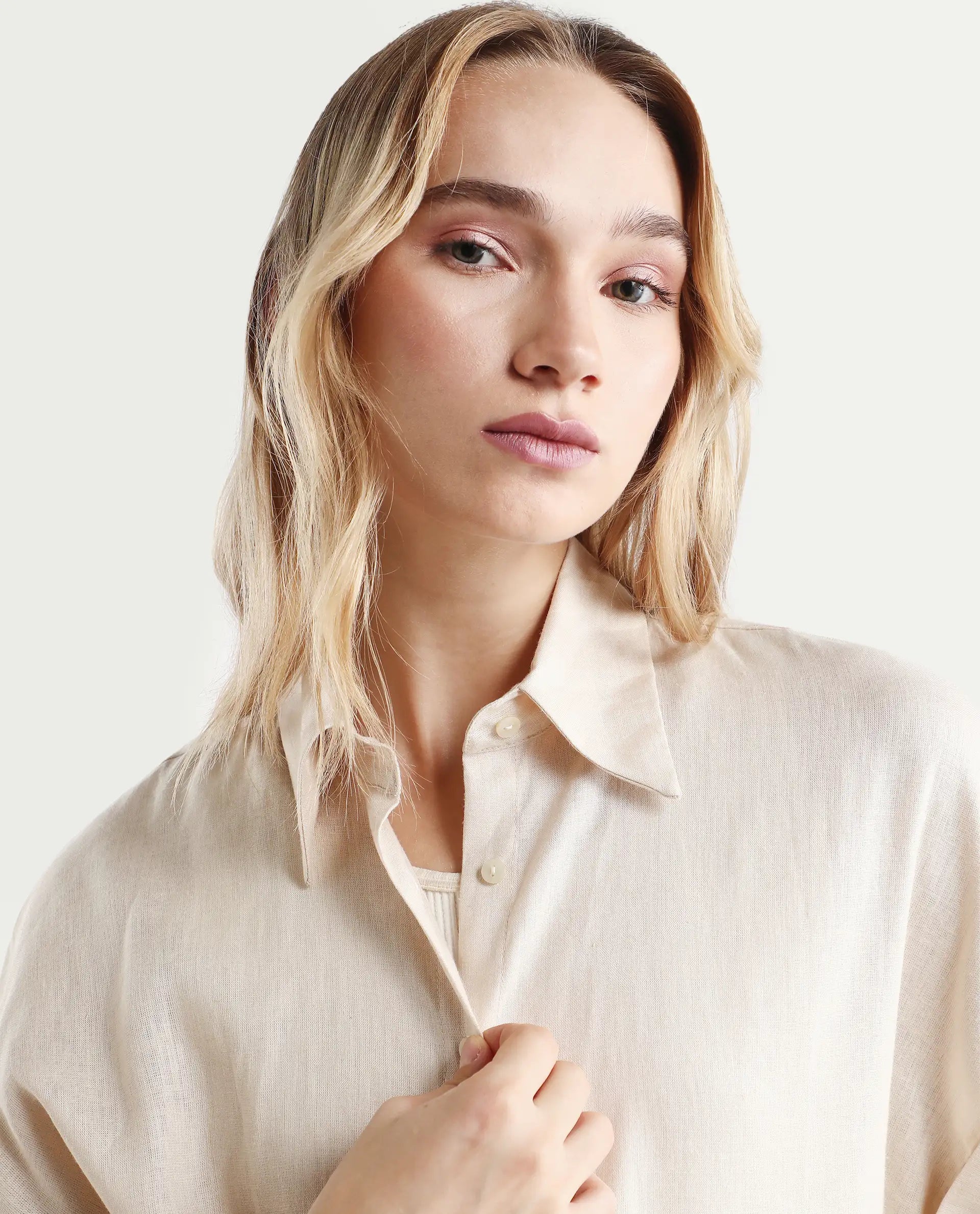 Rareism Women's Venezuela Beige Cotton Linen Drop Collar Plain Extended Sleeves Relaxed Fit Shirt