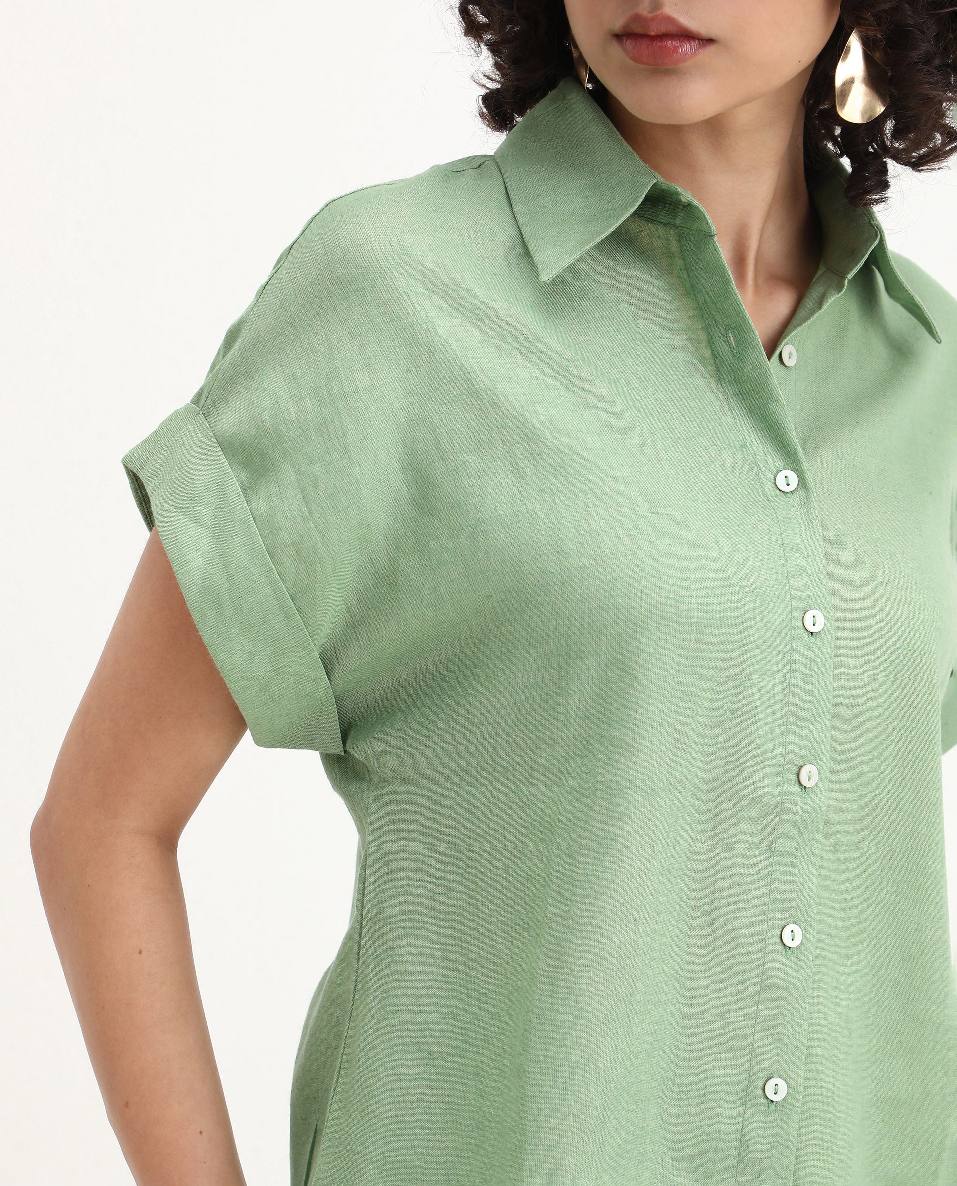 Rareism Women's Venezuela Pastel Green Cotton Linen Drop Collar Plain Extended Sleeves Relaxed Fit Shirt