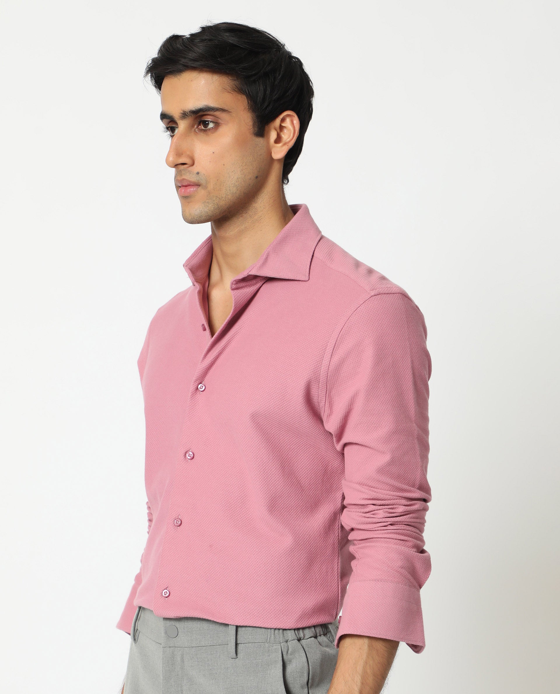 Rare Rabbit Men's Venziya Pink Cotton Knitted Fabric Full Sleeves Solid Shirt