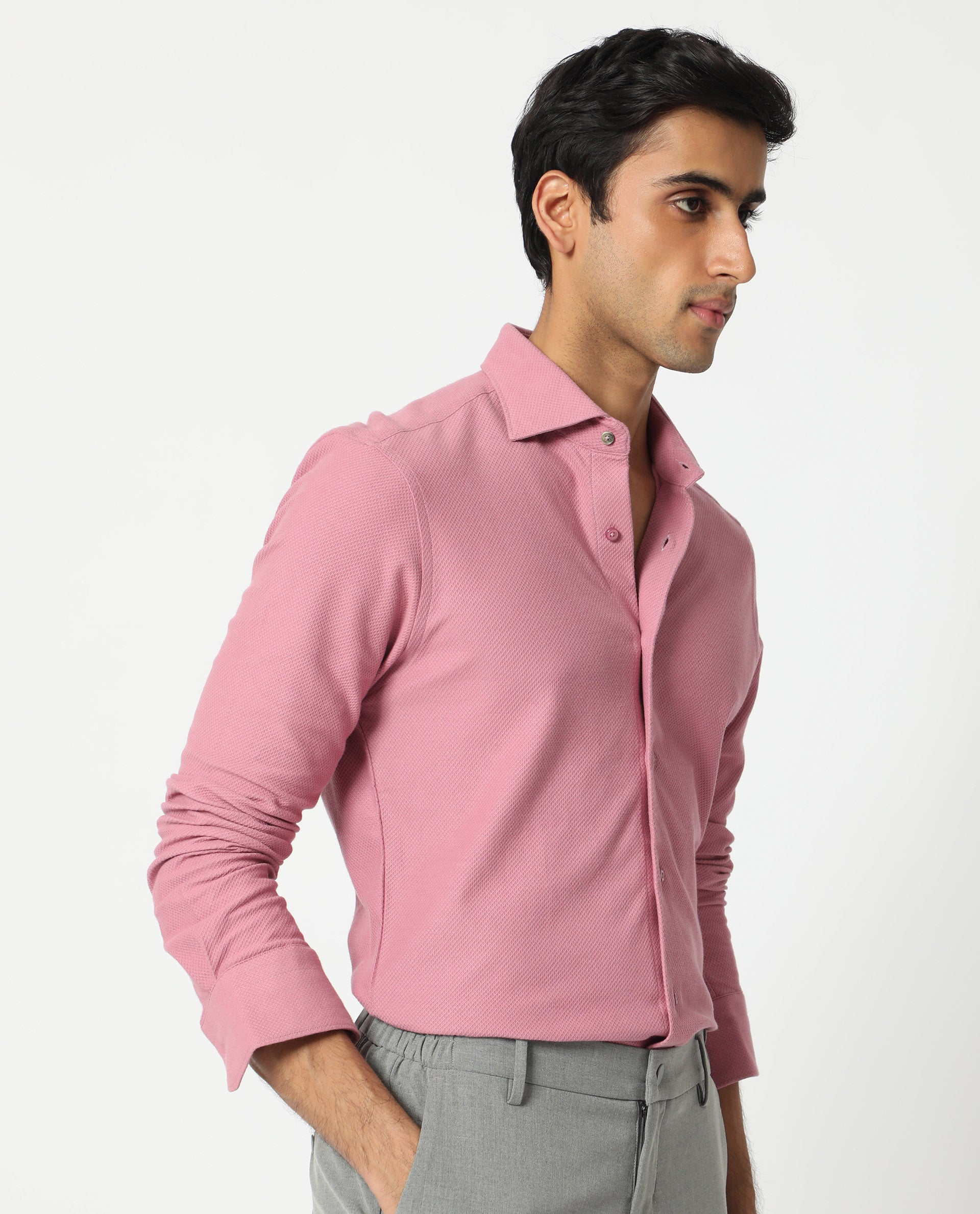 Rare Rabbit Men's Venziya Pink Cotton Knitted Fabric Full Sleeves Solid Shirt