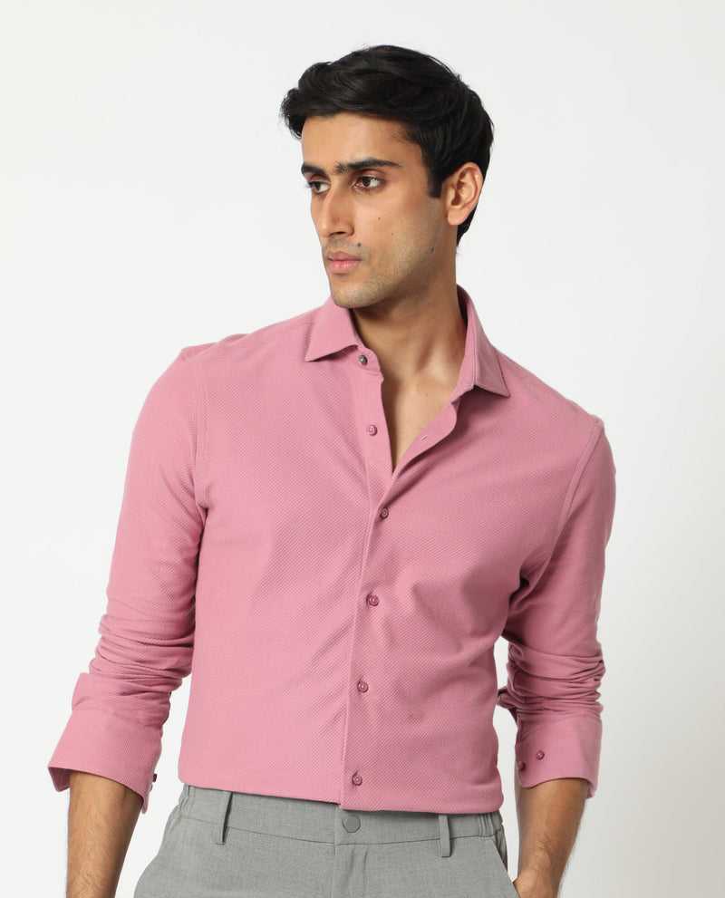 Rare Rabbit Men's Venziya Pink Cotton Knitted Fabric Full Sleeves Solid Shirt