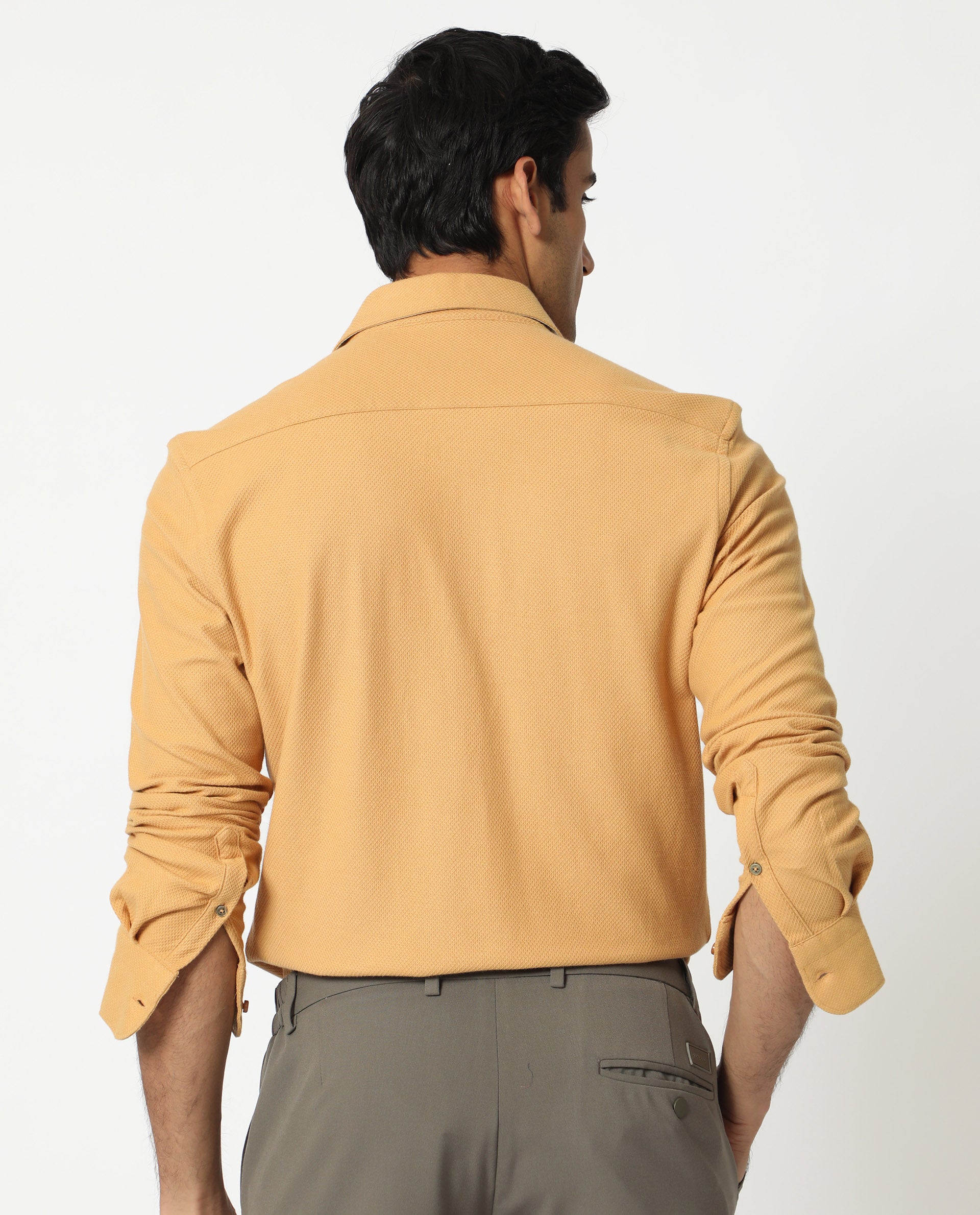 Rare Rabbit Men's Venziya Dark Yellow Cotton Knitted Fabric Full Sleeves Solid Shirt