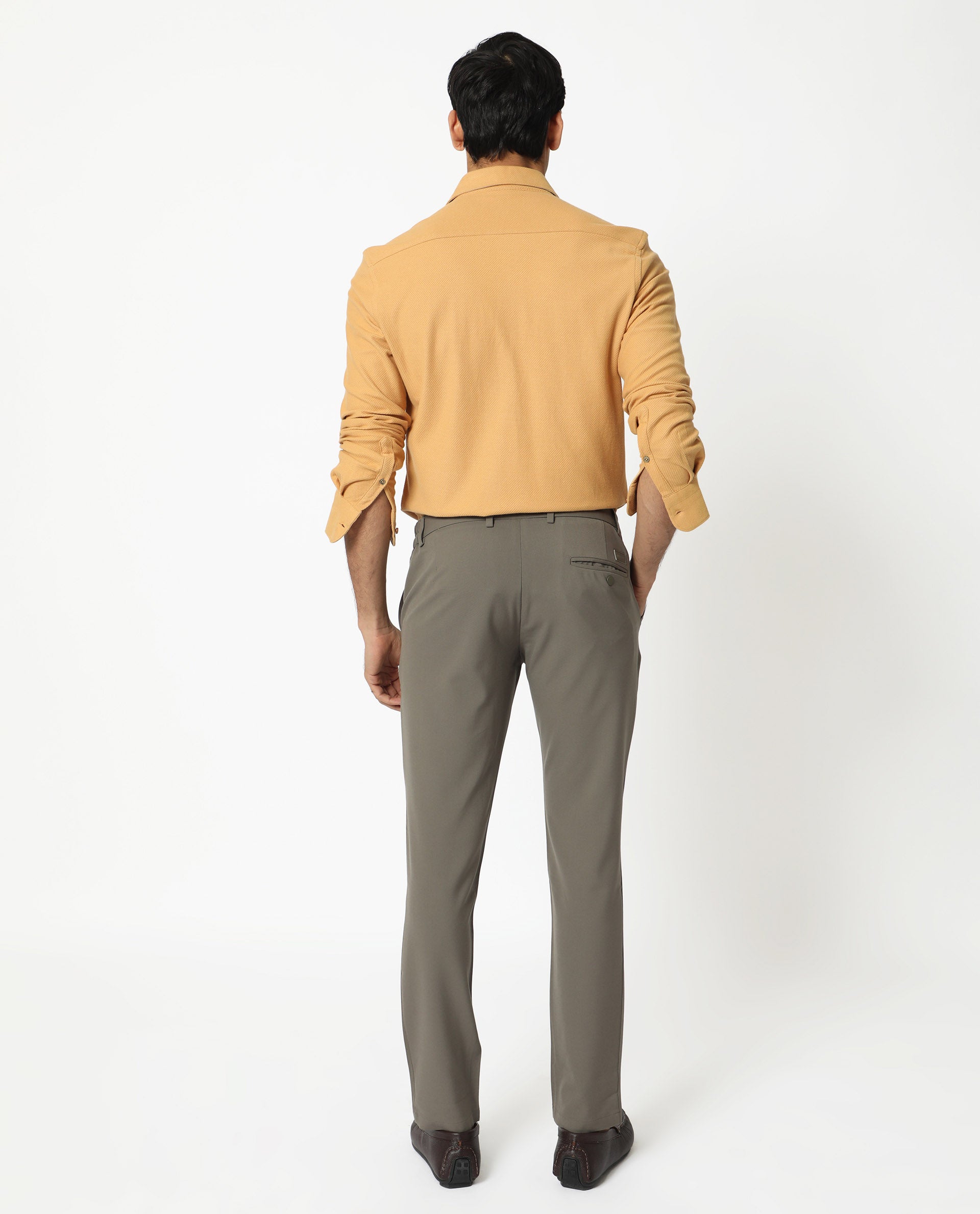 Rare Rabbit Men's Venziya Dark Yellow Cotton Knitted Fabric Full Sleeves Solid Shirt