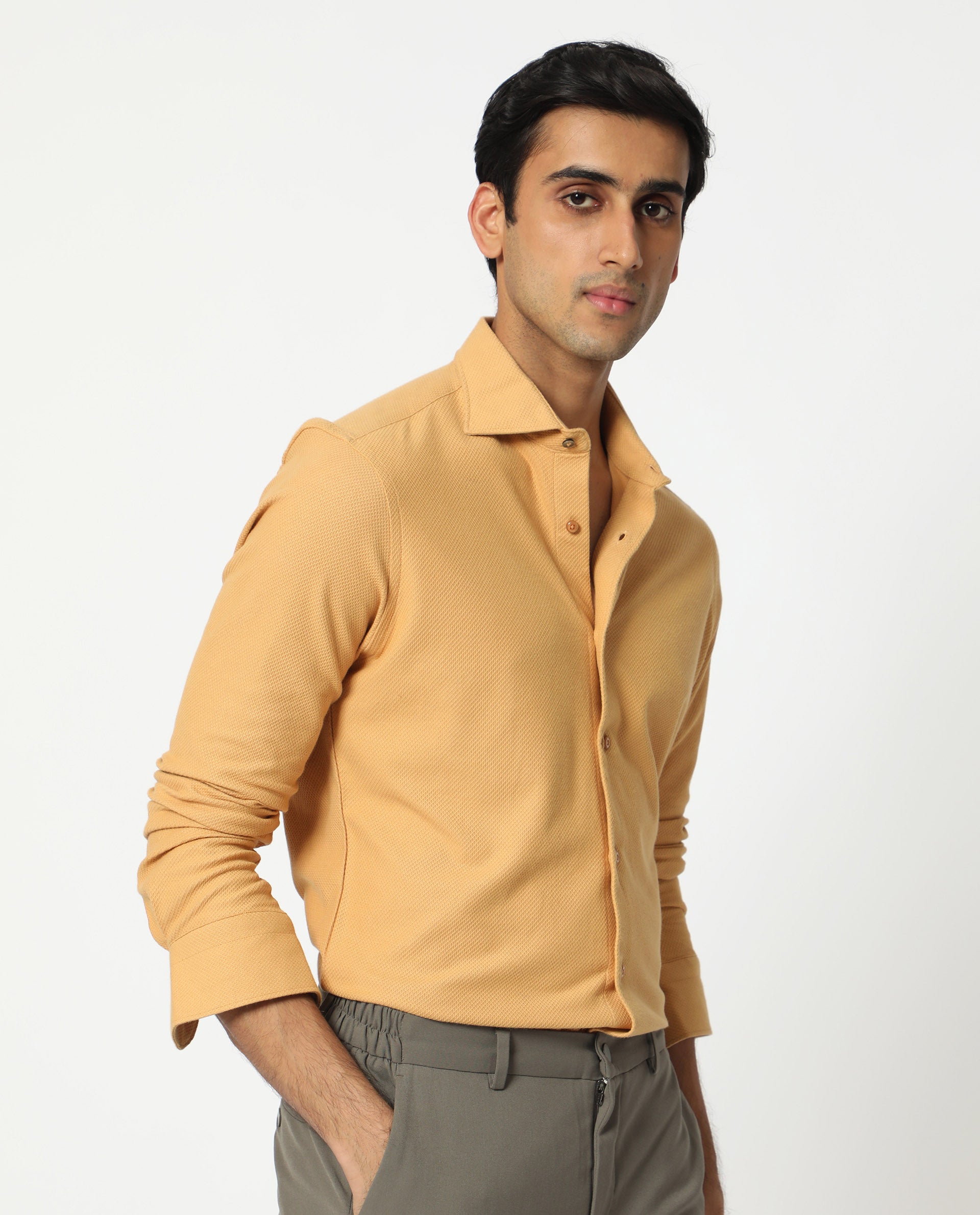 Rare Rabbit Men's Venziya Dark Yellow Cotton Knitted Fabric Full Sleeves Solid Shirt