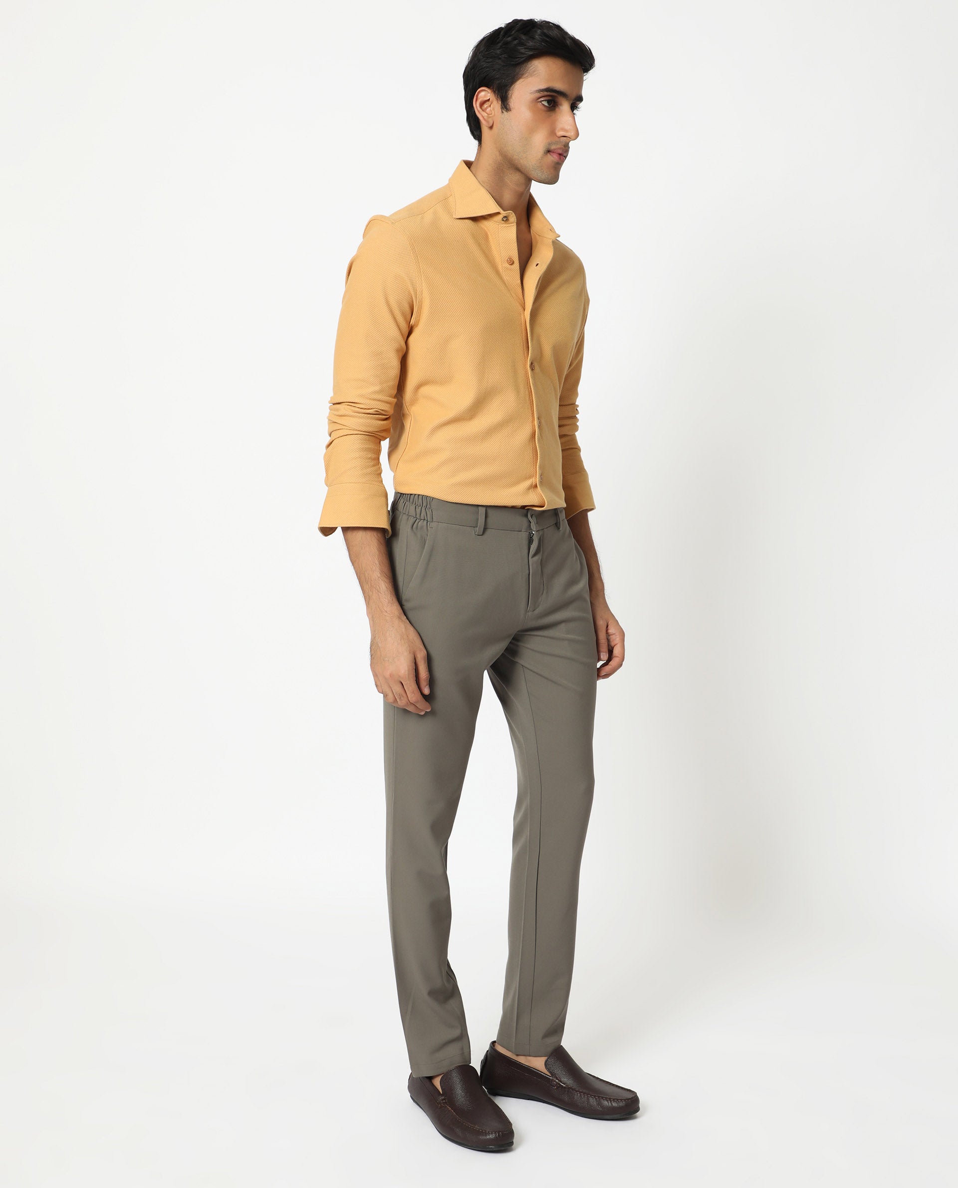 Rare Rabbit Men's Venziya Dark Yellow Cotton Knitted Fabric Full Sleeves Solid Shirt