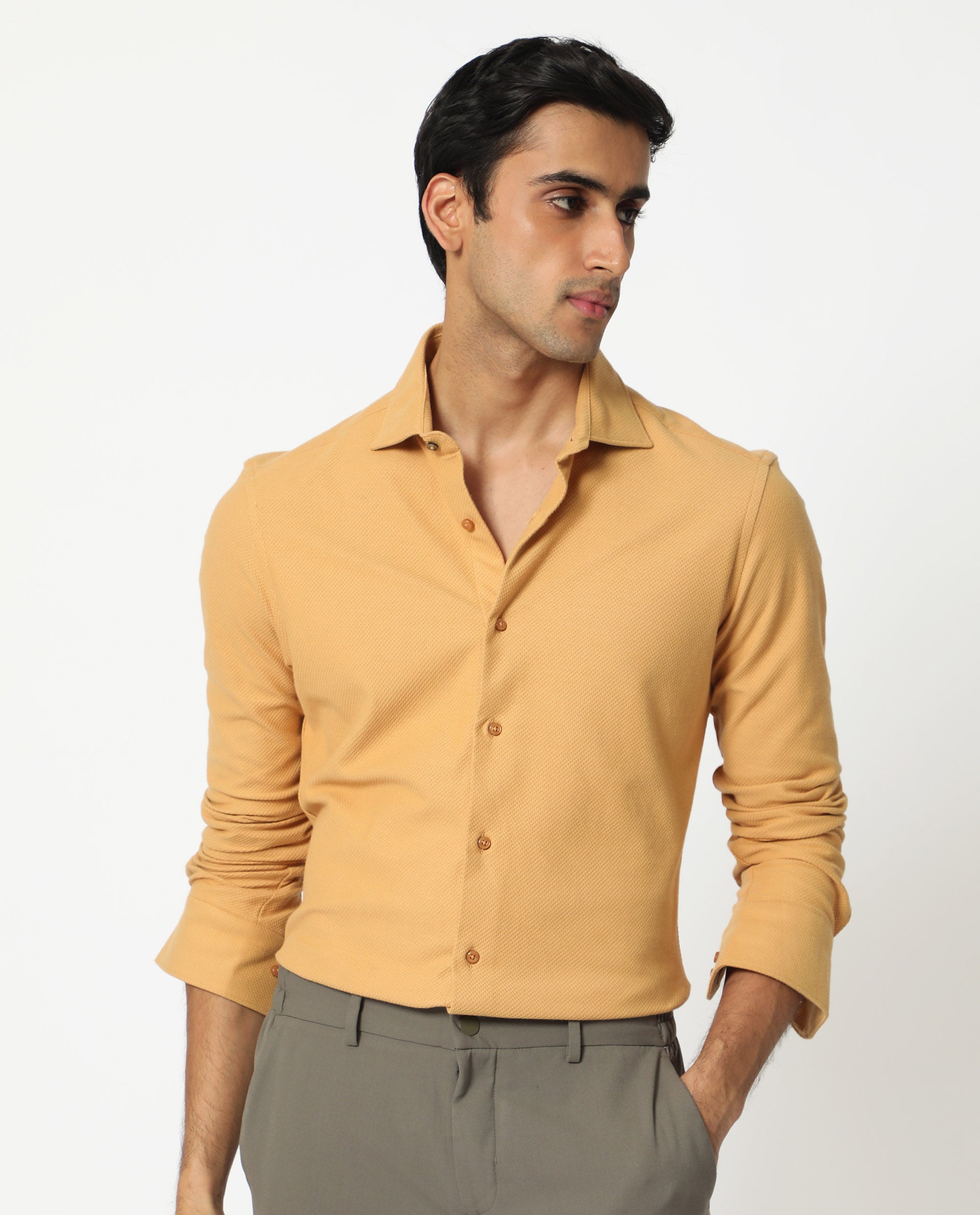 Rare Rabbit Men's Venziya Dark Yellow Cotton Knitted Fabric Full Sleeves Solid Shirt