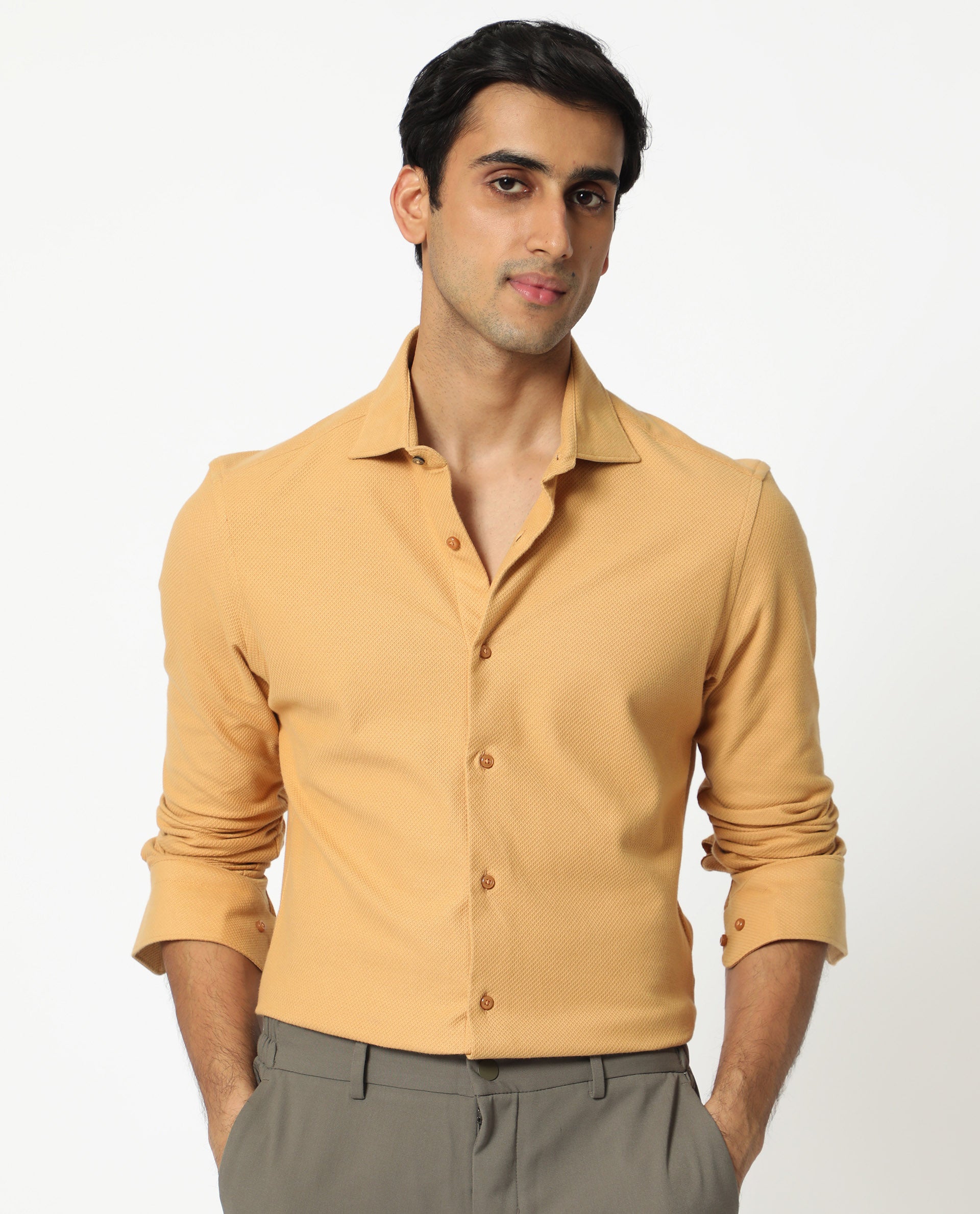 Rare Rabbit Men's Venziya Dark Yellow Cotton Knitted Fabric Full Sleeves Solid Shirt