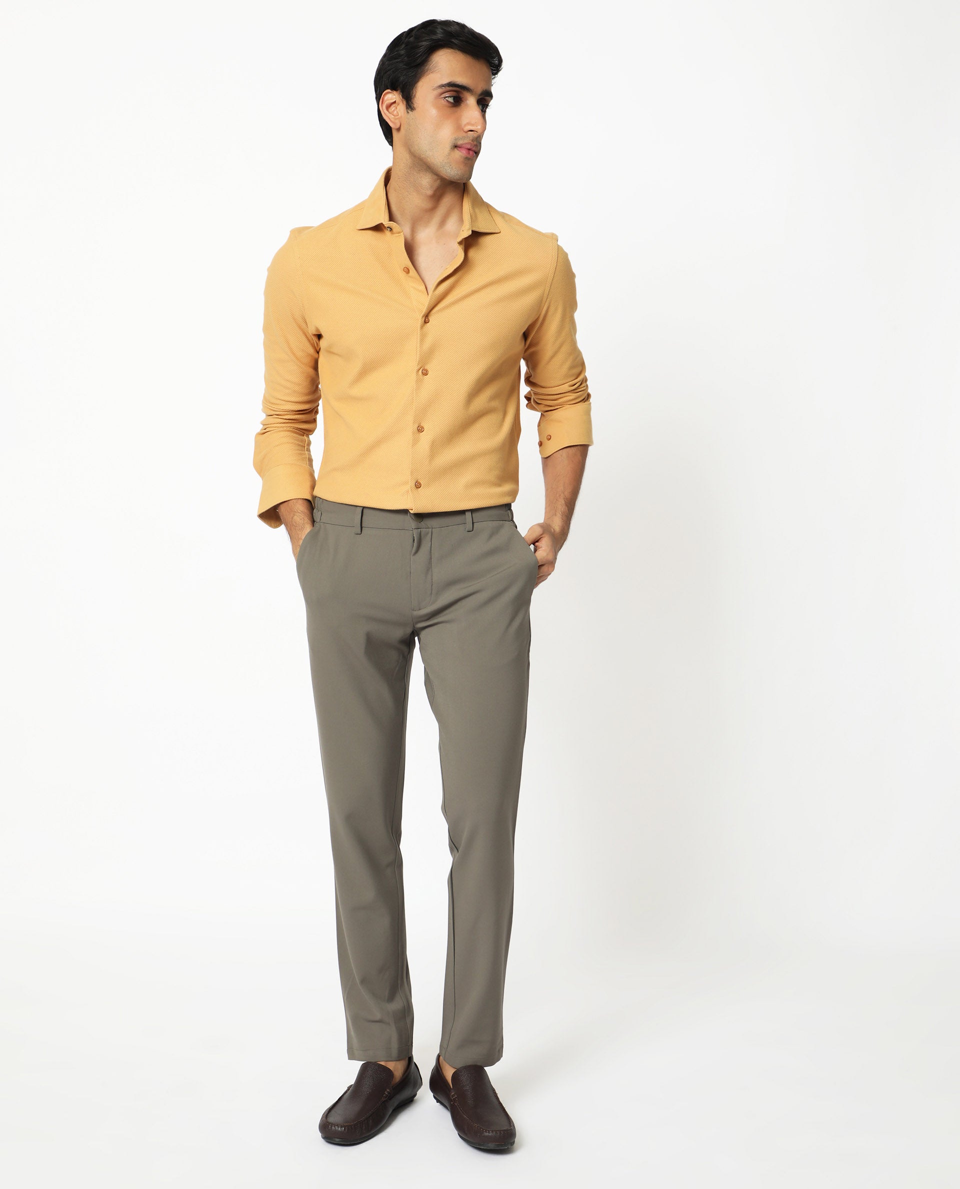 Rare Rabbit Men's Venziya Dark Yellow Cotton Knitted Fabric Full Sleeves Solid Shirt