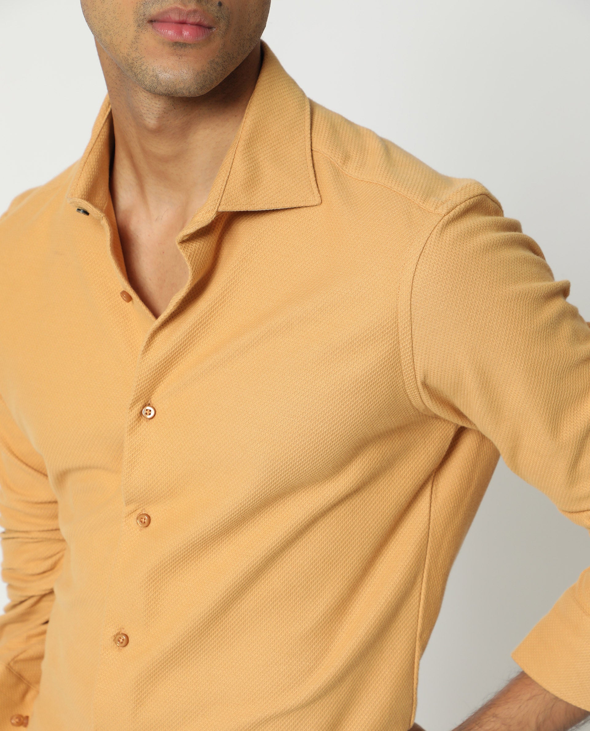 Rare Rabbit Men's Venziya Dark Yellow Cotton Knitted Fabric Full Sleeves Solid Shirt