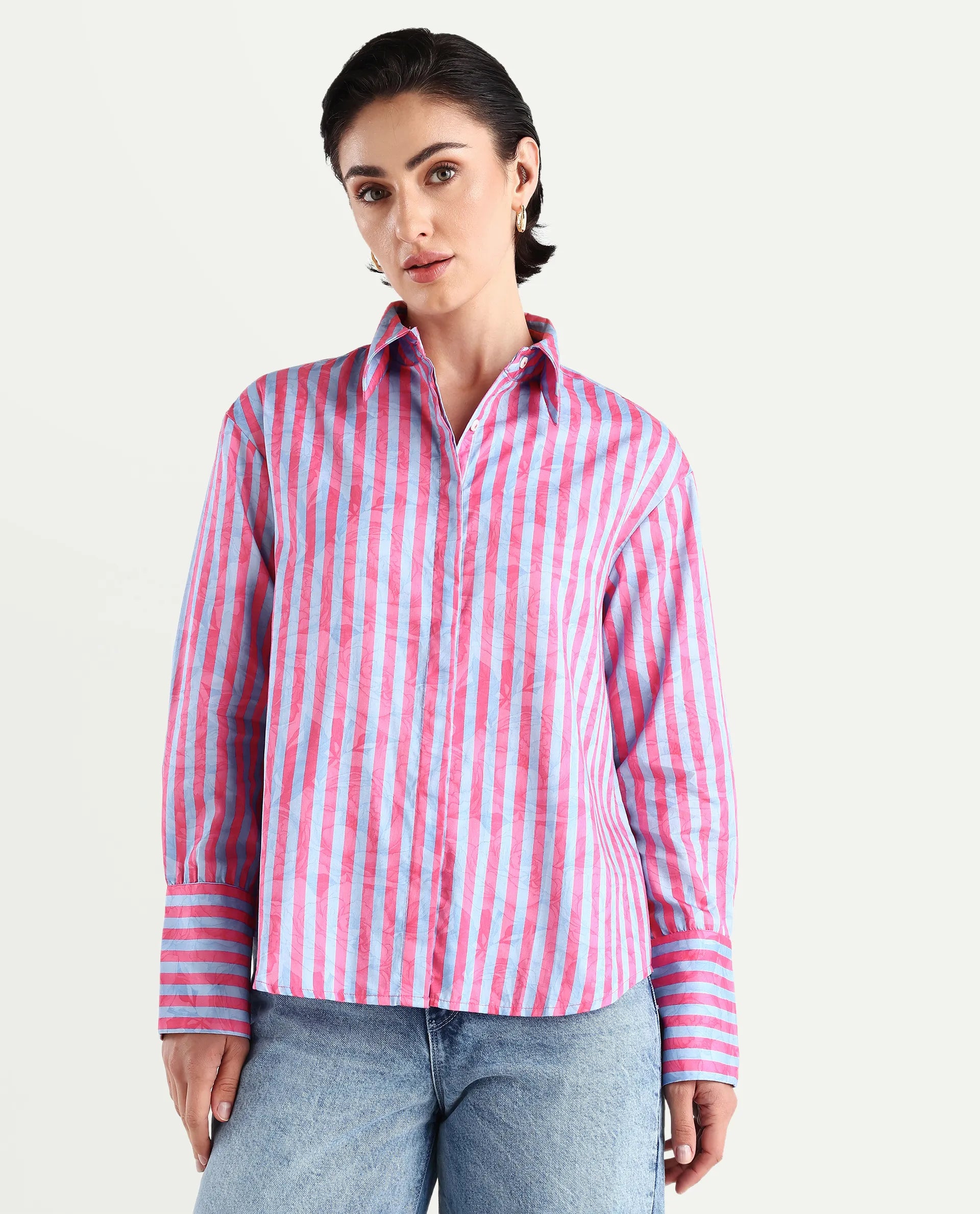 Rareism Women's Venice Pink Cotton Drop Collar Striped Cuffed Sleeve Regular Fit Shirt