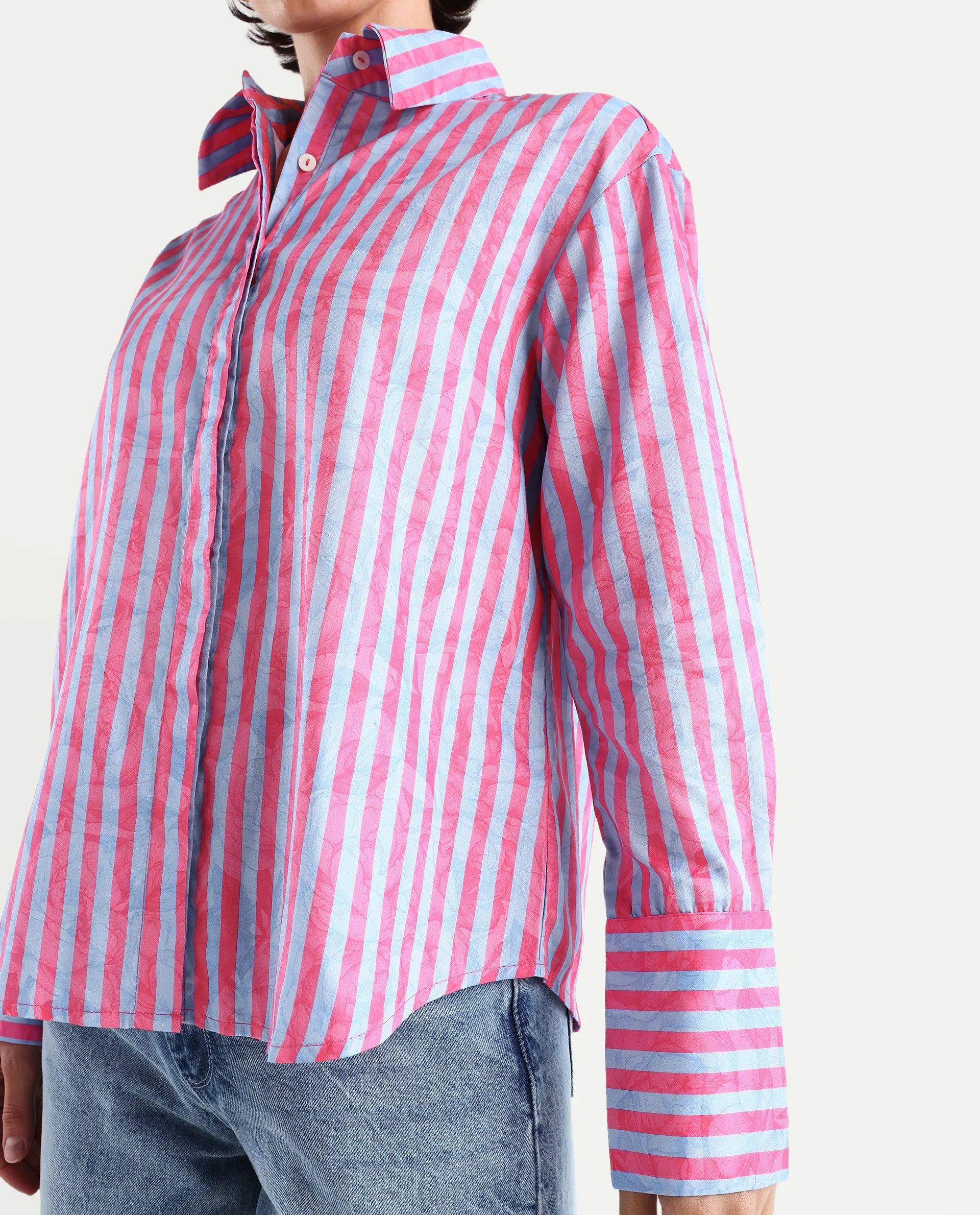 Rareism Women's Venice Pink Cotton Drop Collar Striped Cuffed Sleeve Regular Fit Shirt