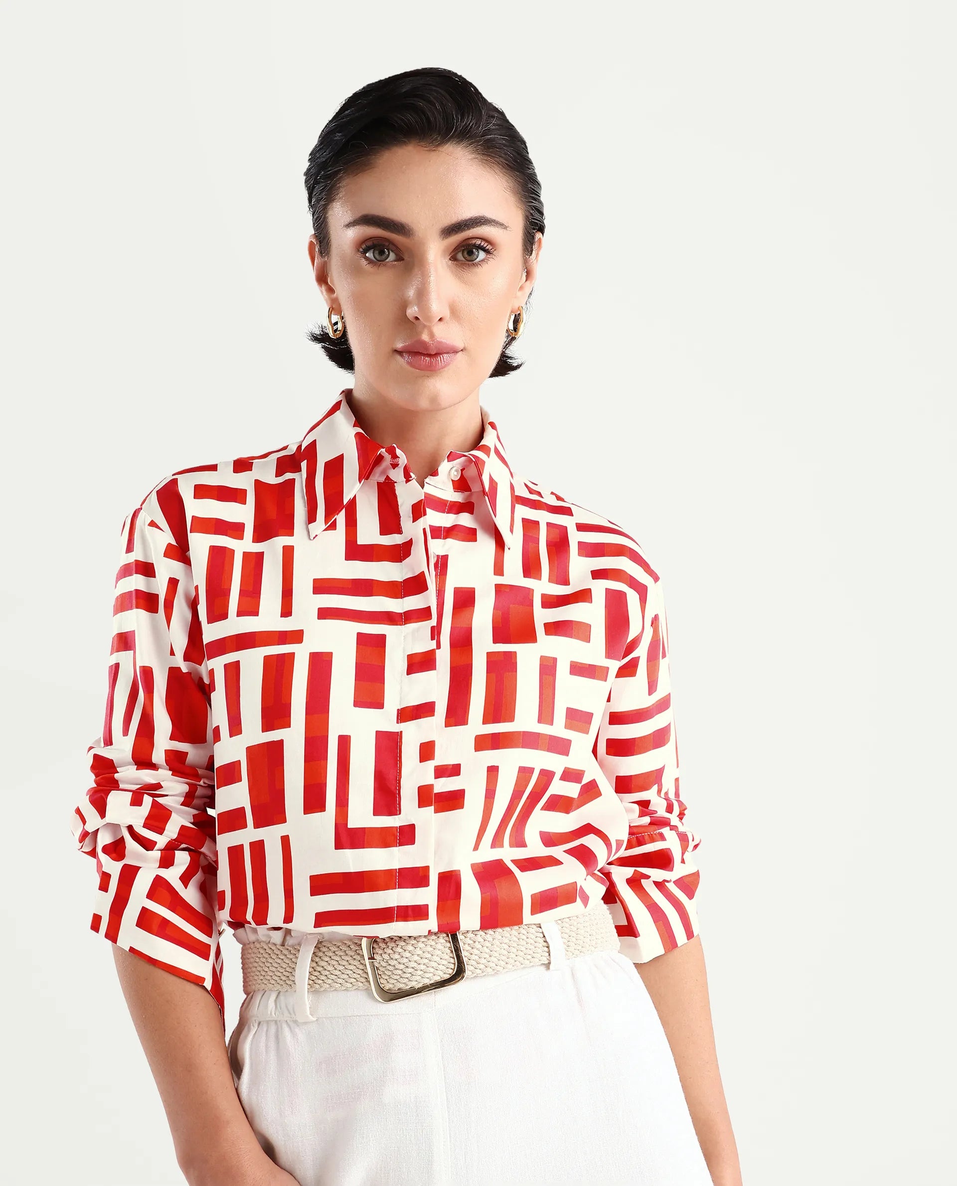 Rareism Women's Venice Red Cotton Drop Collar Geometric Print Cuffed Sleeve Regular Fit Shirt