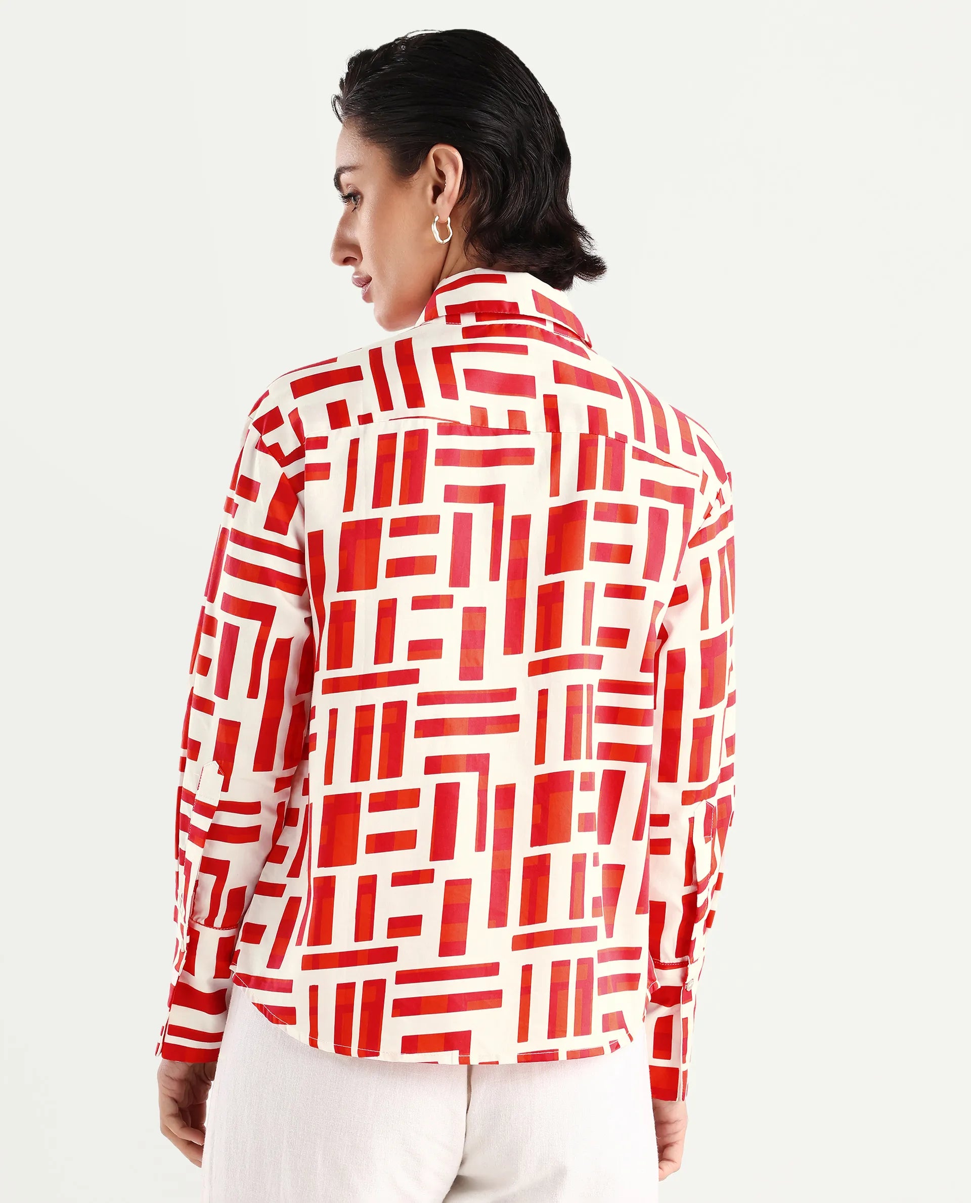 Rareism Women's Venice Red Cotton Drop Collar Geometric Print Cuffed Sleeve Regular Fit Shirt