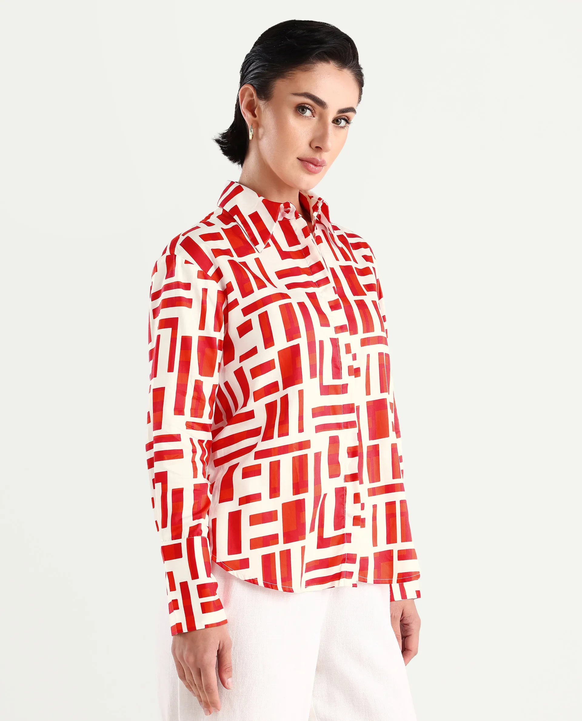 Rareism Women's Venice Red Cotton Drop Collar Geometric Print Cuffed Sleeve Regular Fit Shirt