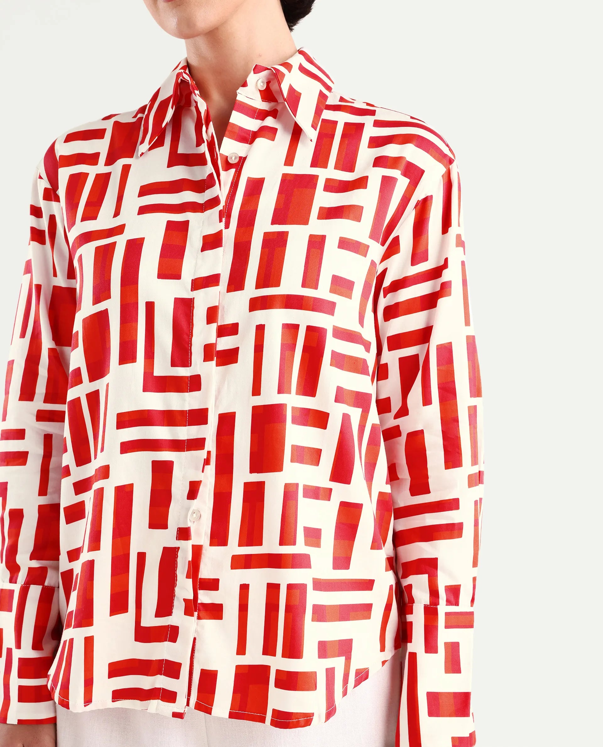 Rareism Women's Venice Red Cotton Drop Collar Geometric Print Cuffed Sleeve Regular Fit Shirt