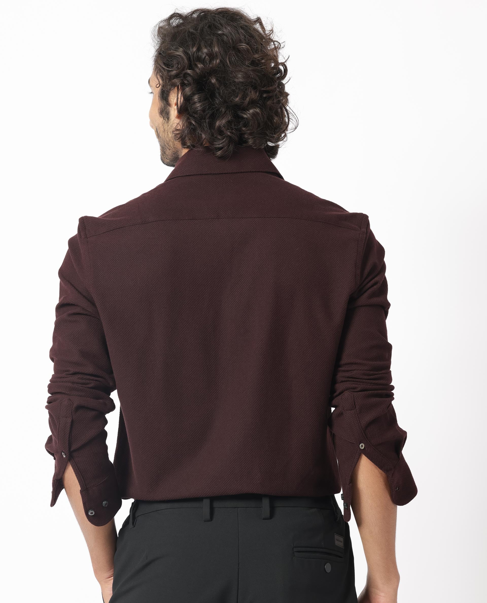 Rare Rabbit Men's Venizia Brown Cotton Fabric Full Sleeves Solid Waffle Knit Textured Shirt