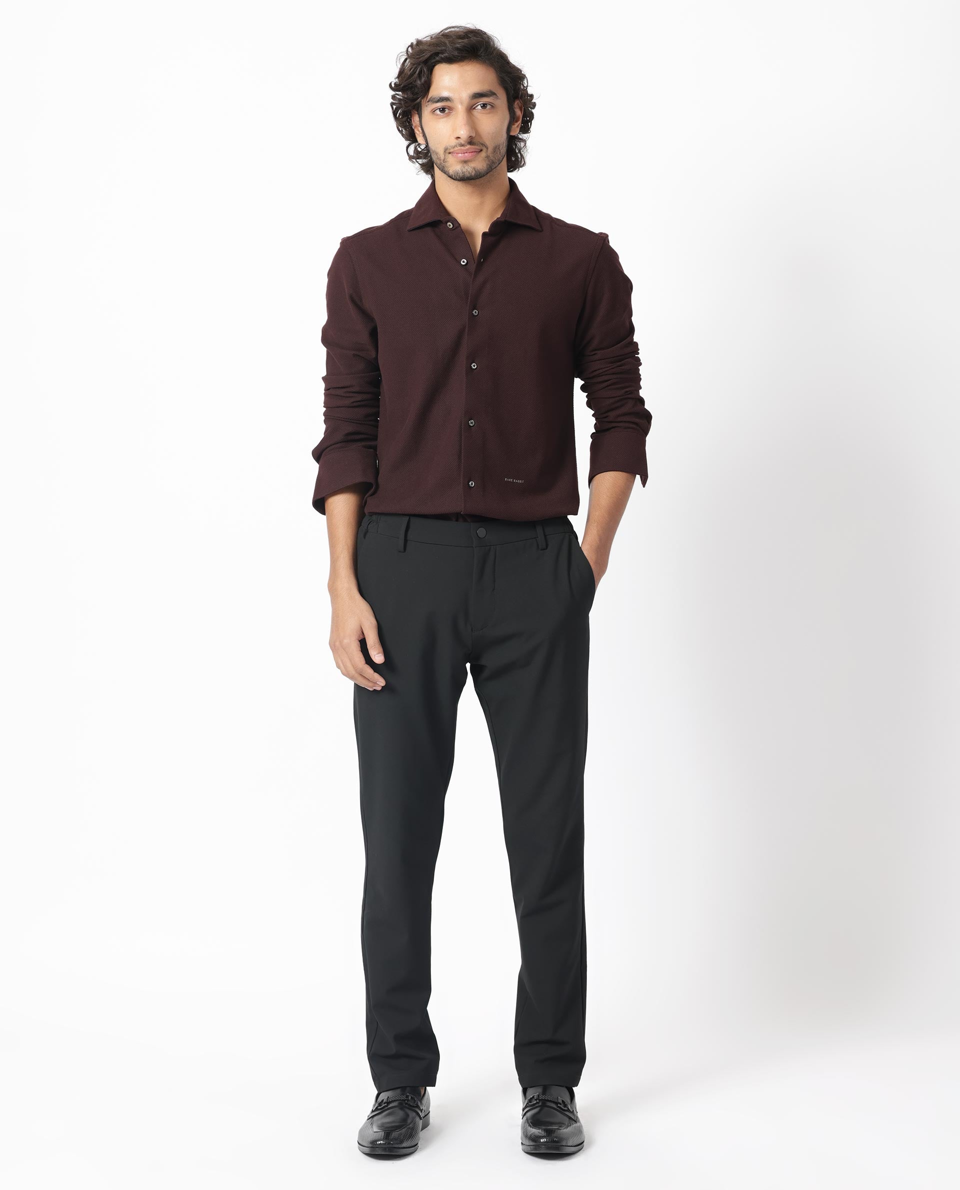 Rare Rabbit Men's Venizia Brown Cotton Fabric Full Sleeves Solid Waffle Knit Textured Shirt