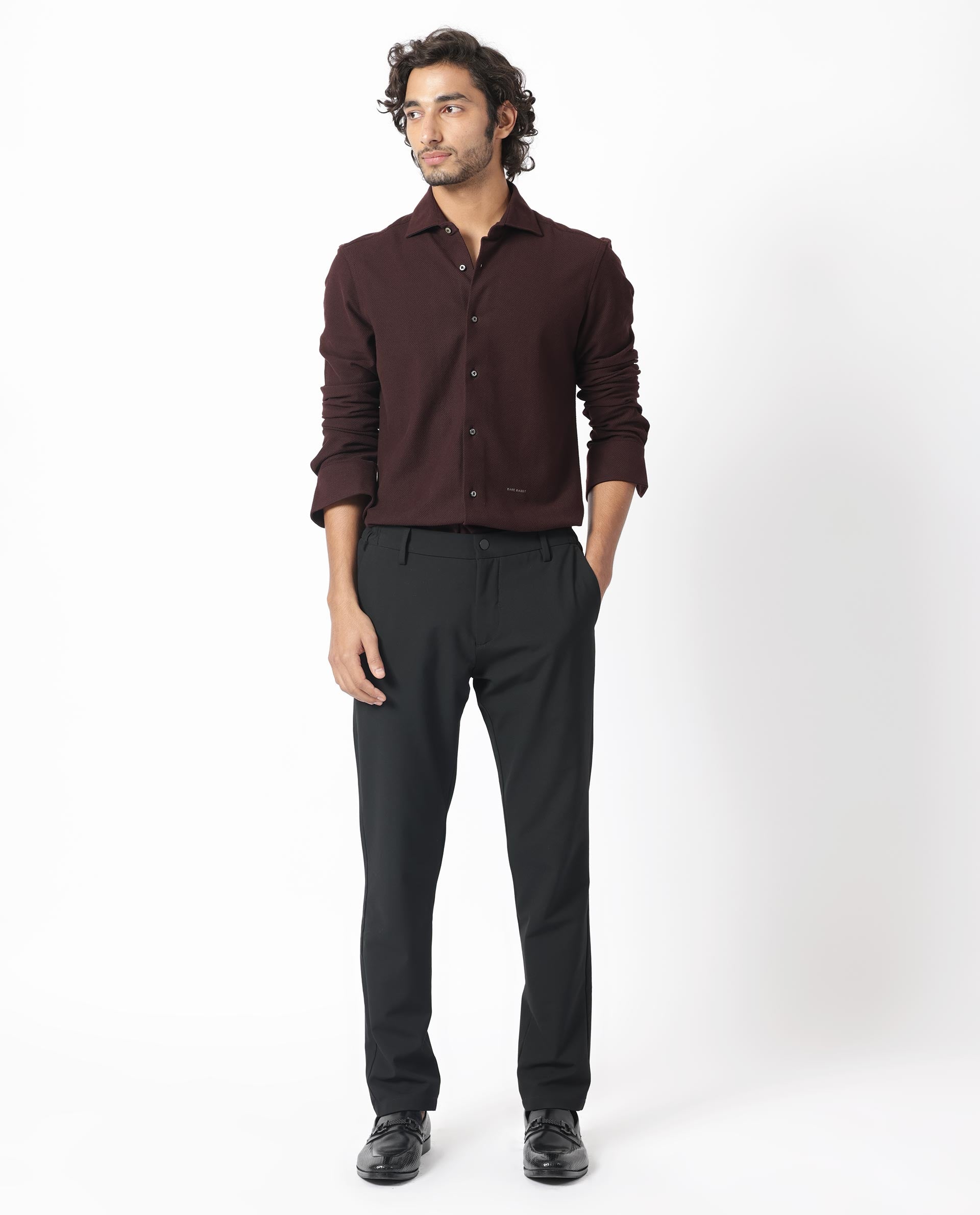 Rare Rabbit Men's Venizia Brown Cotton Fabric Full Sleeves Solid Waffle Knit Textured Shirt