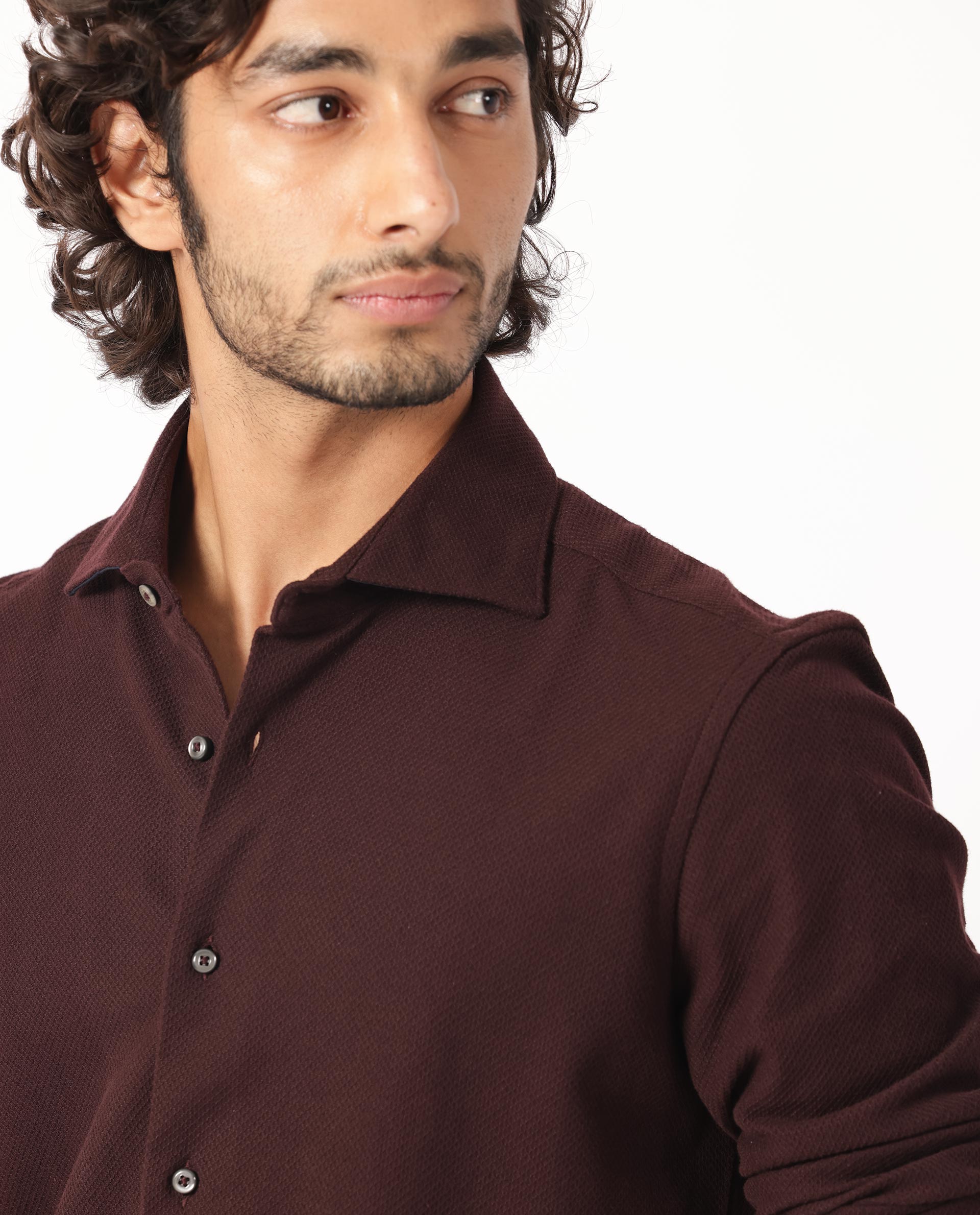 Rare Rabbit Men's Venizia Brown Cotton Fabric Full Sleeves Solid Waffle Knit Textured Shirt